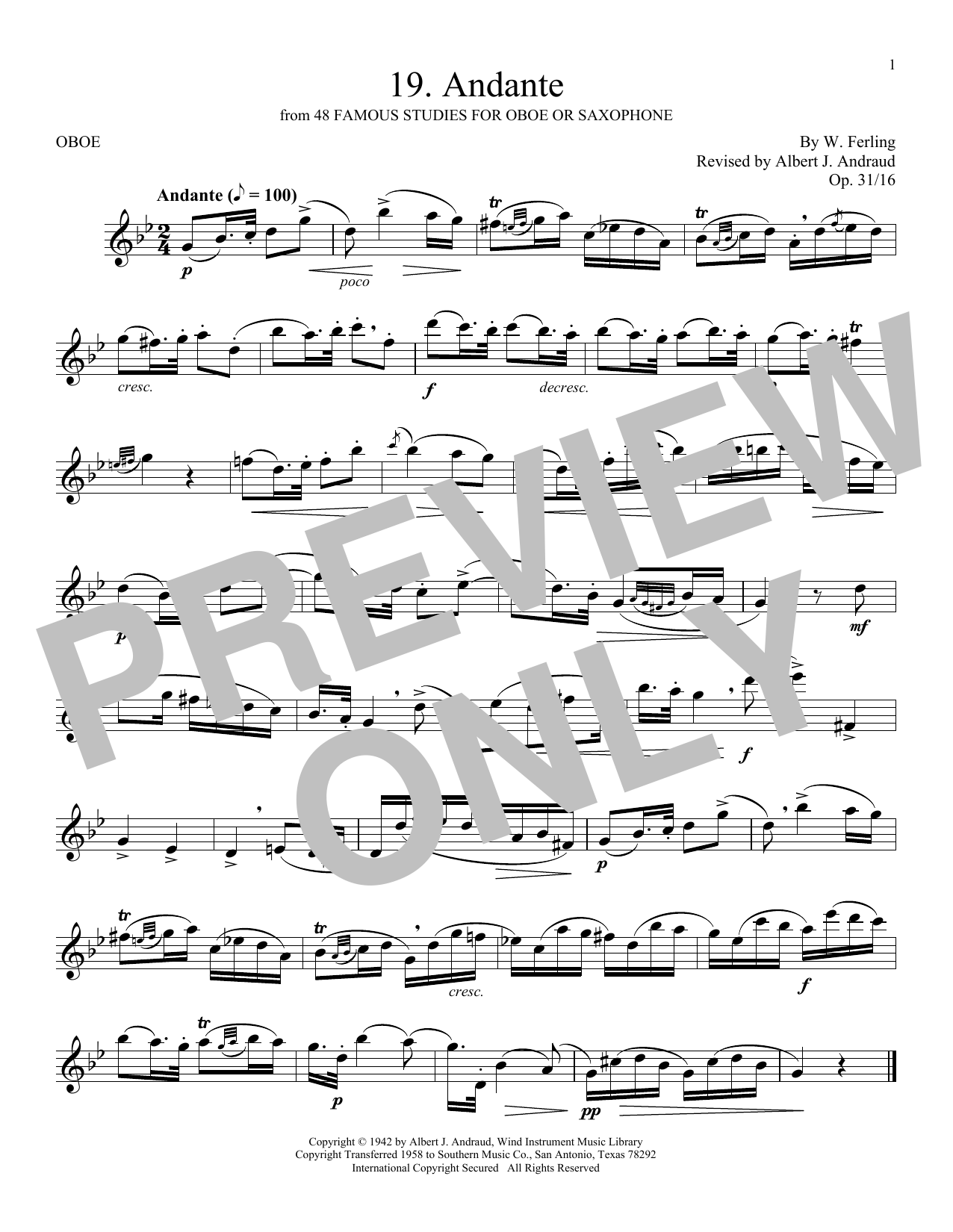W. Ferling Etude No. 19 sheet music notes and chords arranged for Oboe Solo
