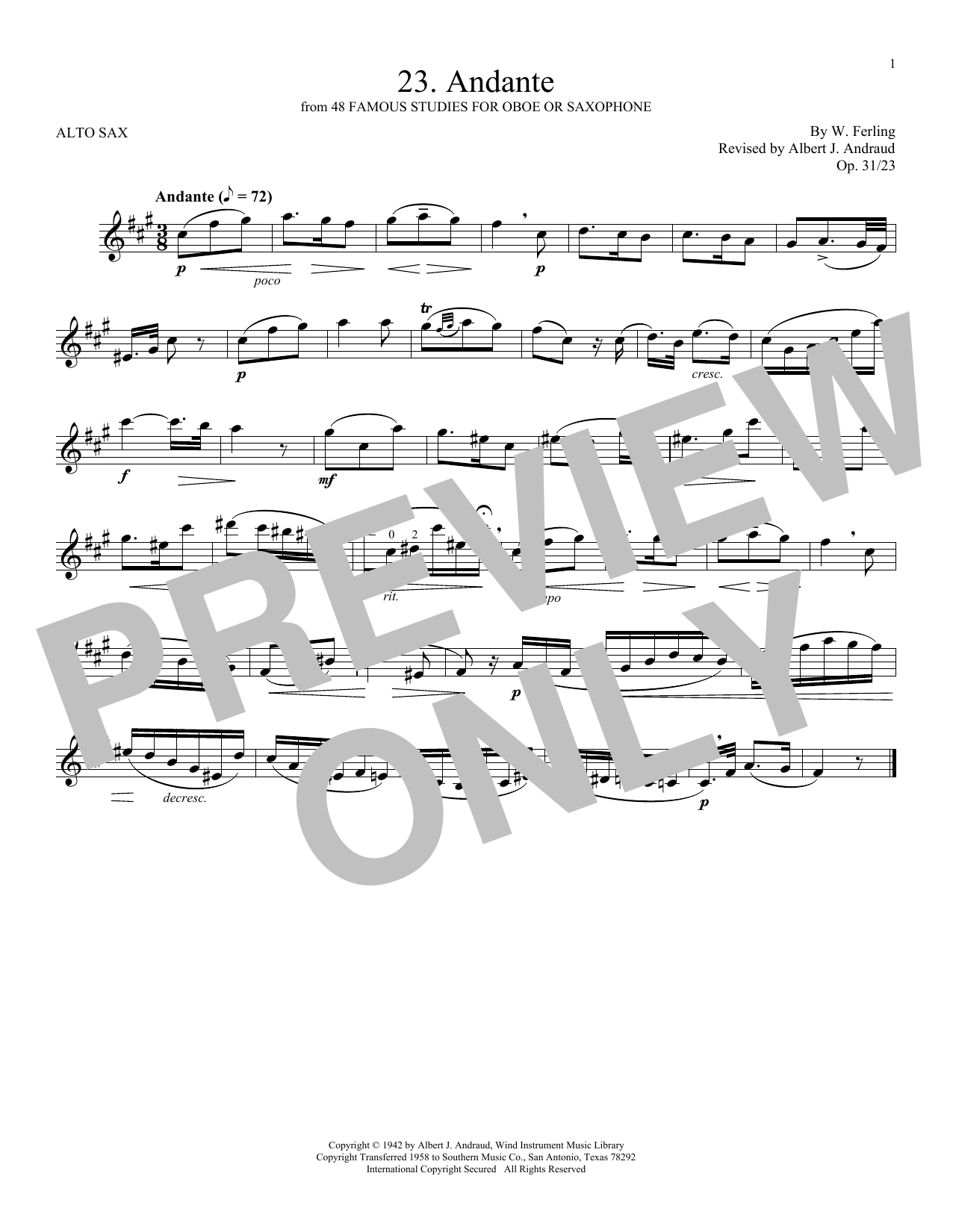 W. Ferling Etude No. 23 sheet music notes and chords arranged for Alto Sax Solo