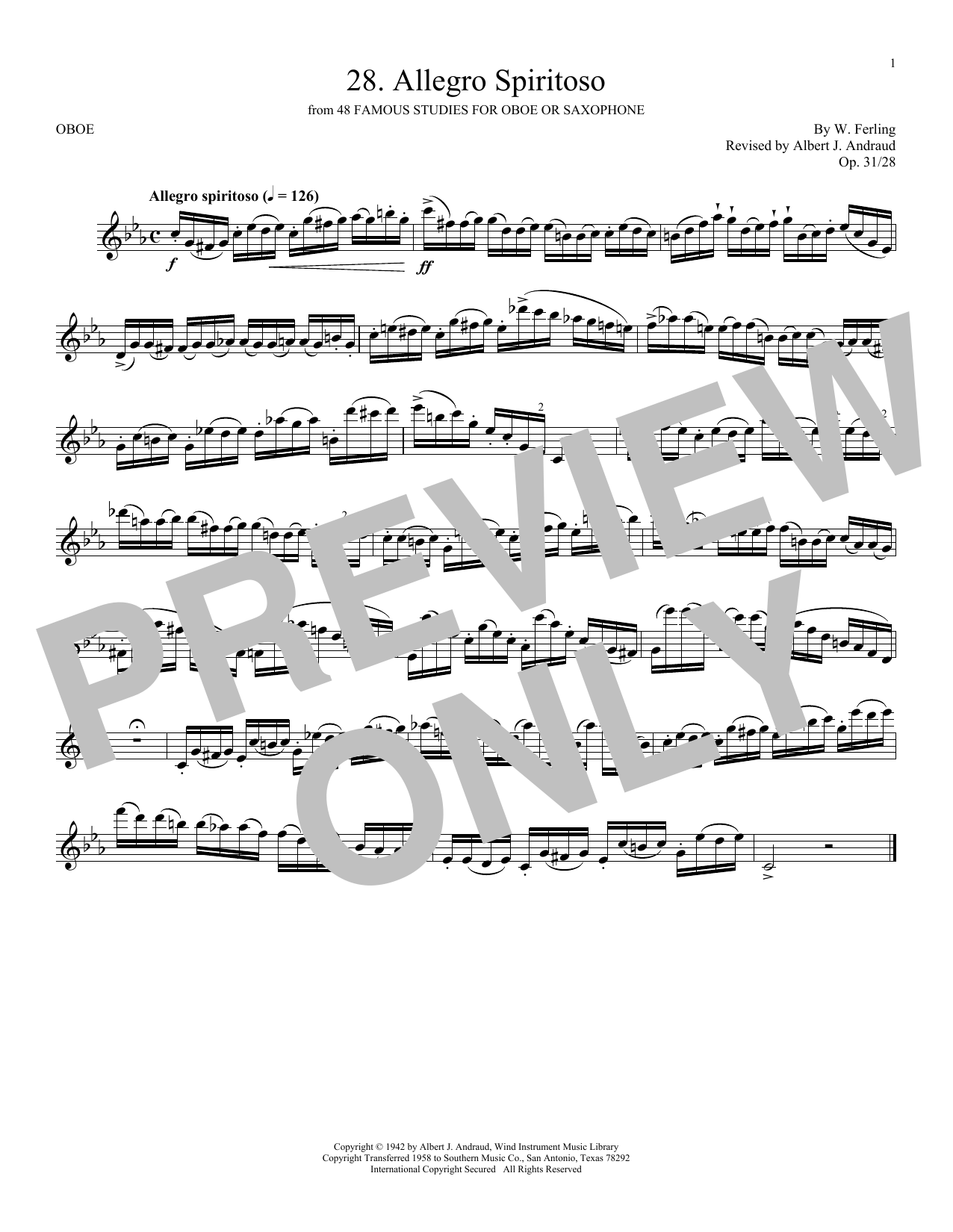 W. Ferling Etude No. 28 sheet music notes and chords arranged for Oboe Solo