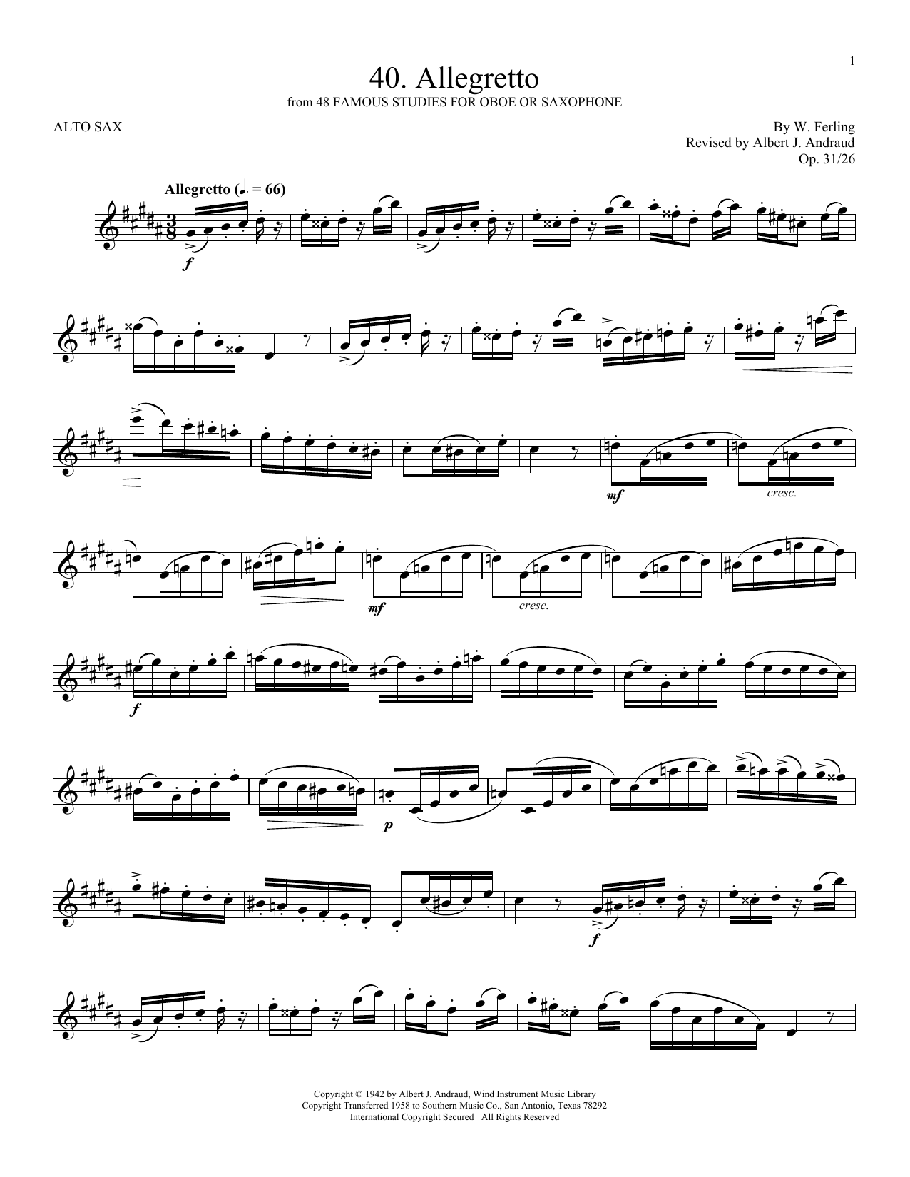 W. Ferling Etude No. 40 sheet music notes and chords arranged for Alto Sax Solo