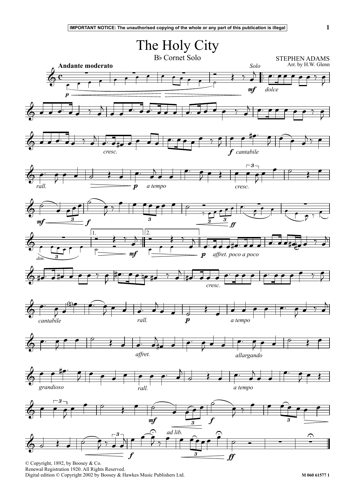 W. H. Glenn The Holy City sheet music notes and chords arranged for Trumpet and Piano