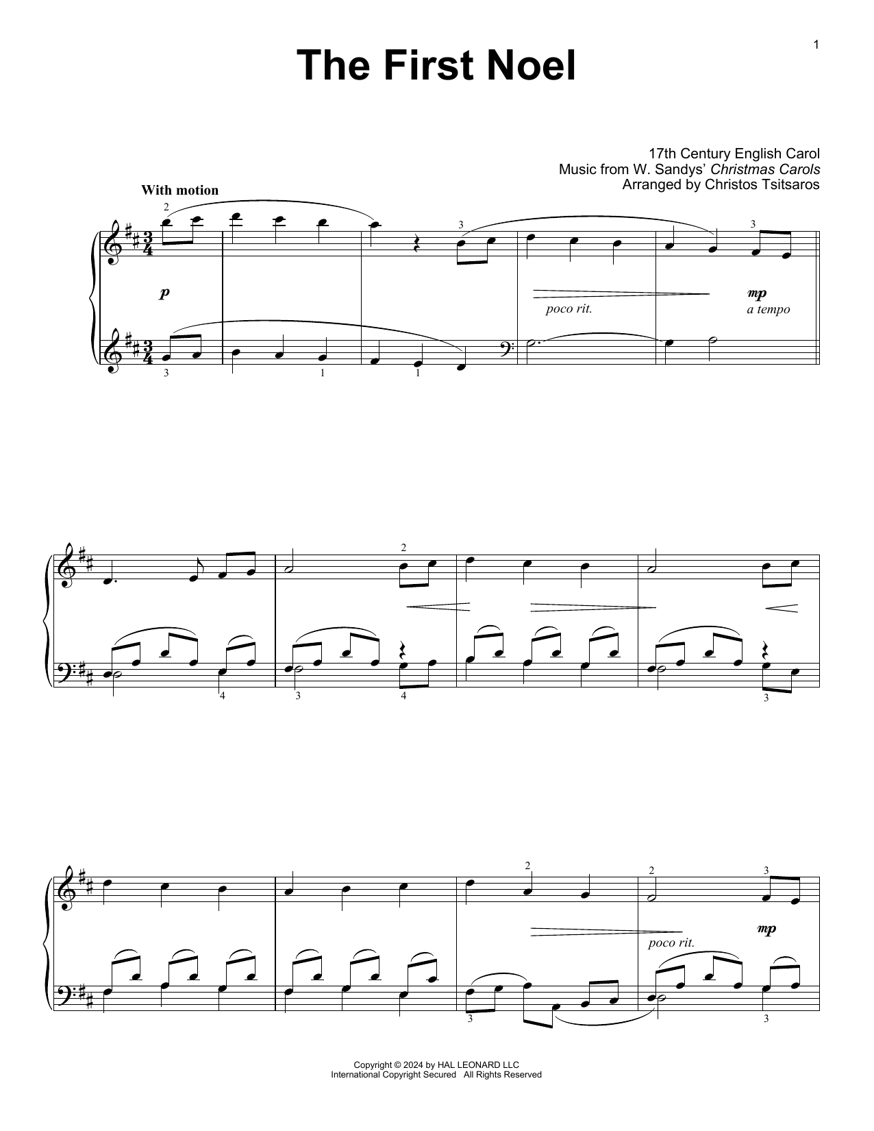 W. Sandys' Christmas Carols The First Noel (arr. Christos Tsitsaros) sheet music notes and chords arranged for Easy Piano Solo
