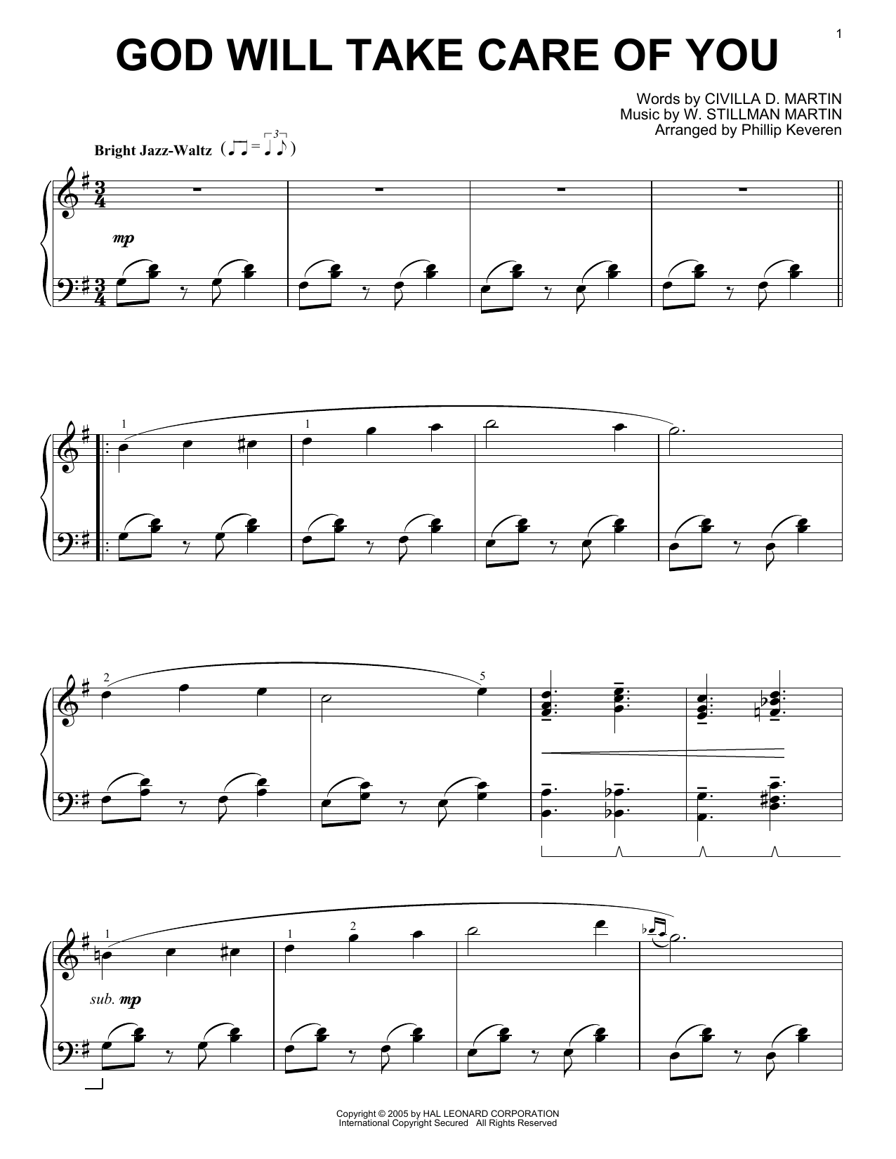 W. Stillman Martin God Will Take Care Of You [Jazz version] (arr. Phillip Keveren) sheet music notes and chords arranged for Piano Solo