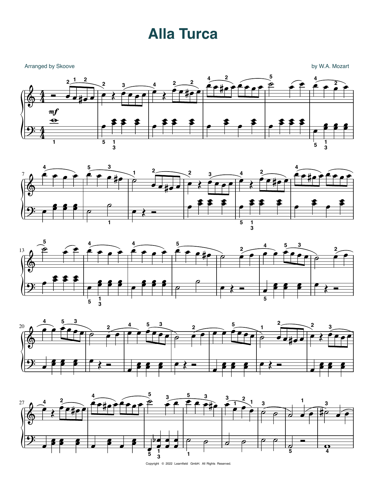 W.A. Mozart Alla Turca (arr. Skoove) sheet music notes and chords arranged for Easy Piano