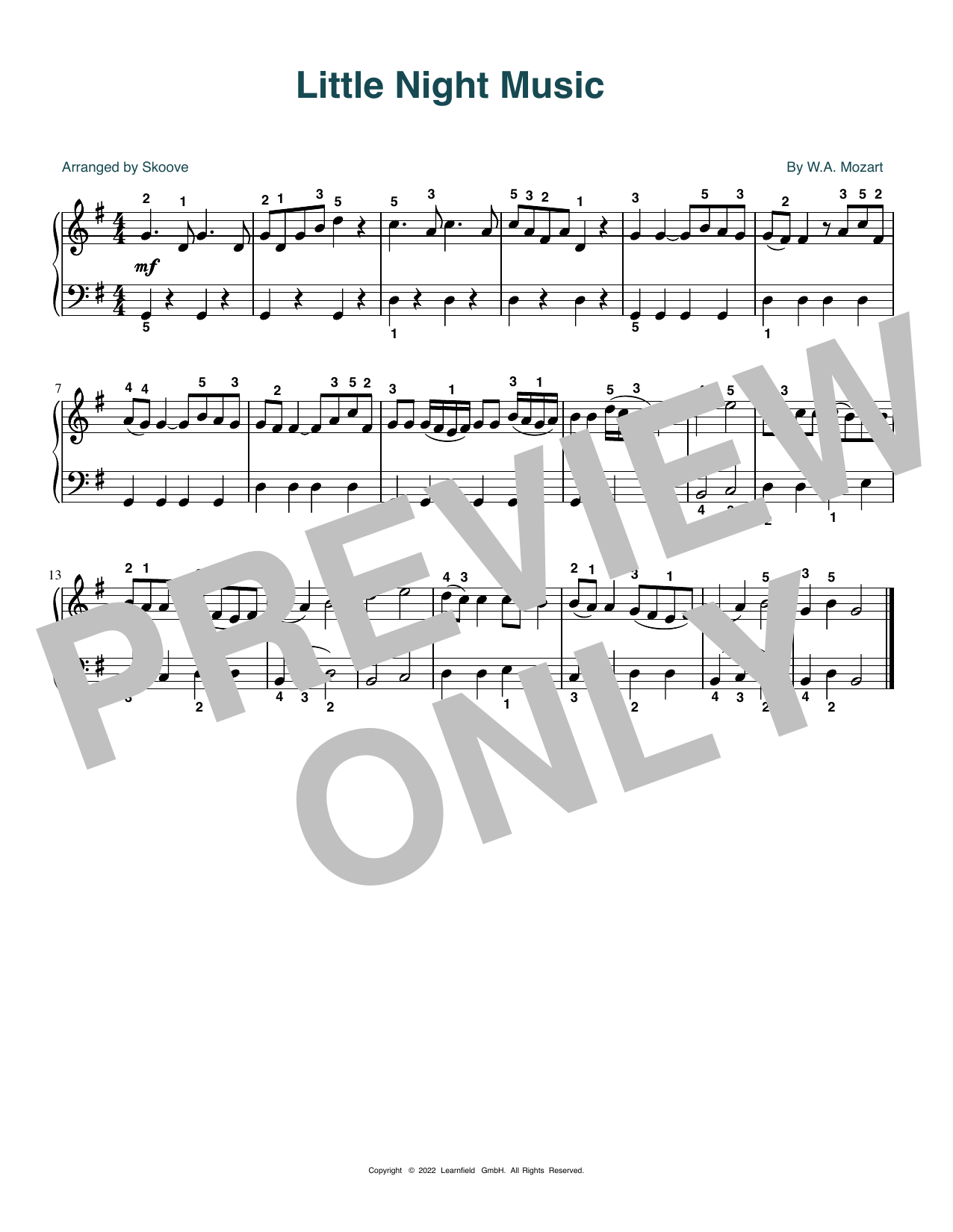 W.A. Mozart Little Night Music (arr. Skoove) sheet music notes and chords arranged for Piano Solo