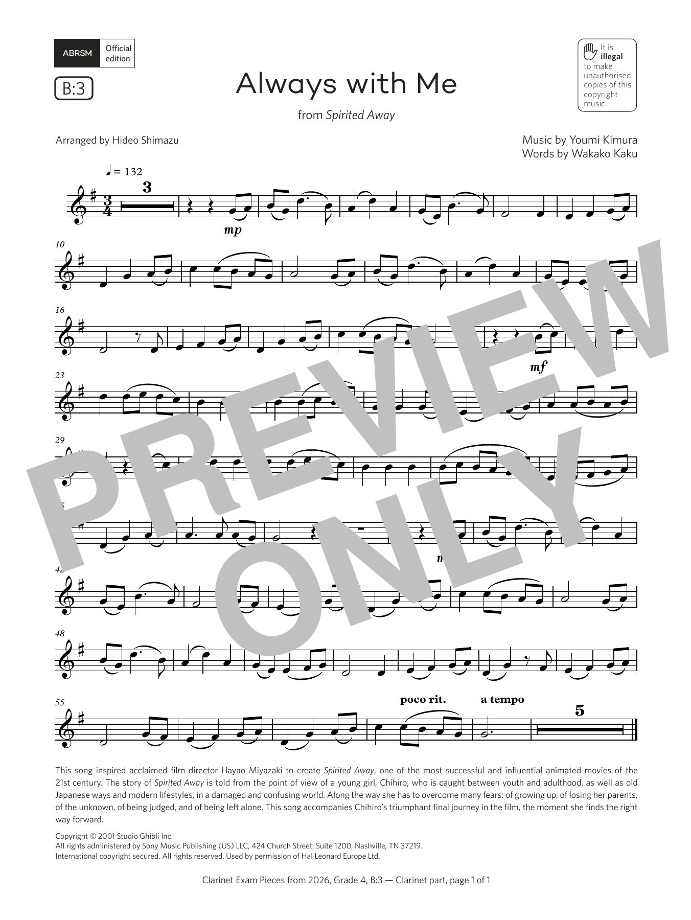 Wakako Kaku Always with Me (Grade 4, list B3, from the ABRSM Clarinet Syllabus from 2026) sheet music notes and chords arranged for Clarinet Solo