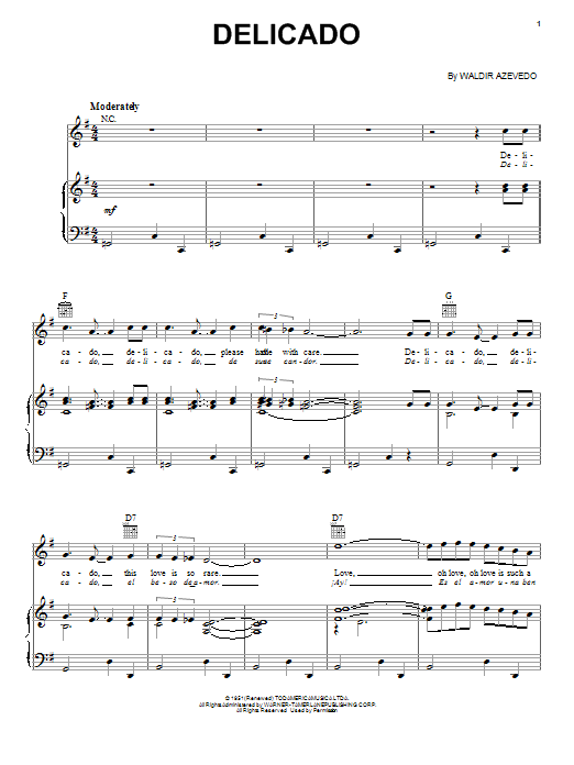 Waldir Azevedo Delicado sheet music notes and chords arranged for Piano, Vocal & Guitar Chords (Right-Hand Melody)
