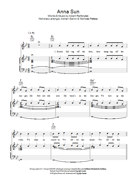 Walk The Moon Anna Sun sheet music notes and chords arranged for Piano, Vocal & Guitar Chords