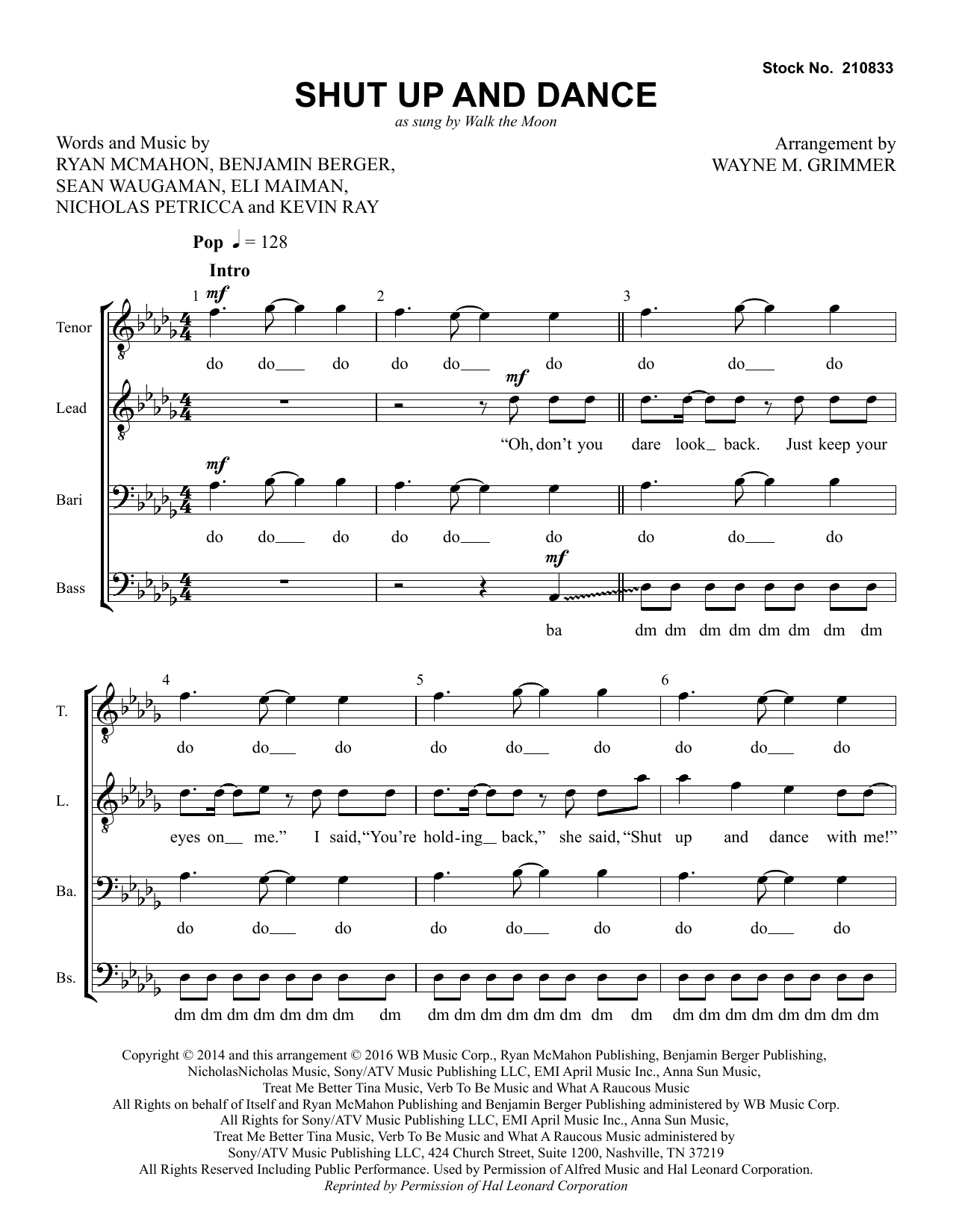 Walk The Moon Shut Up and Dance (arr. Wayne Grimmer) sheet music notes and chords arranged for TTBB Choir