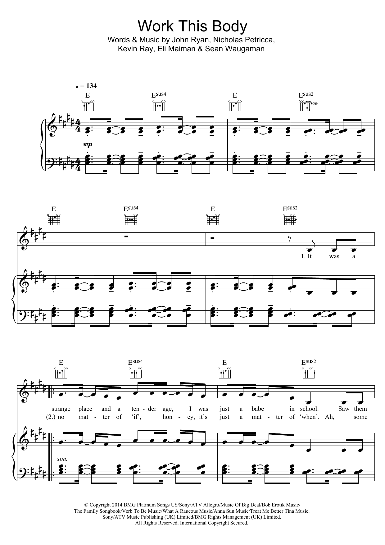Walk The Moon Work This Body sheet music notes and chords arranged for Piano, Vocal & Guitar Chords