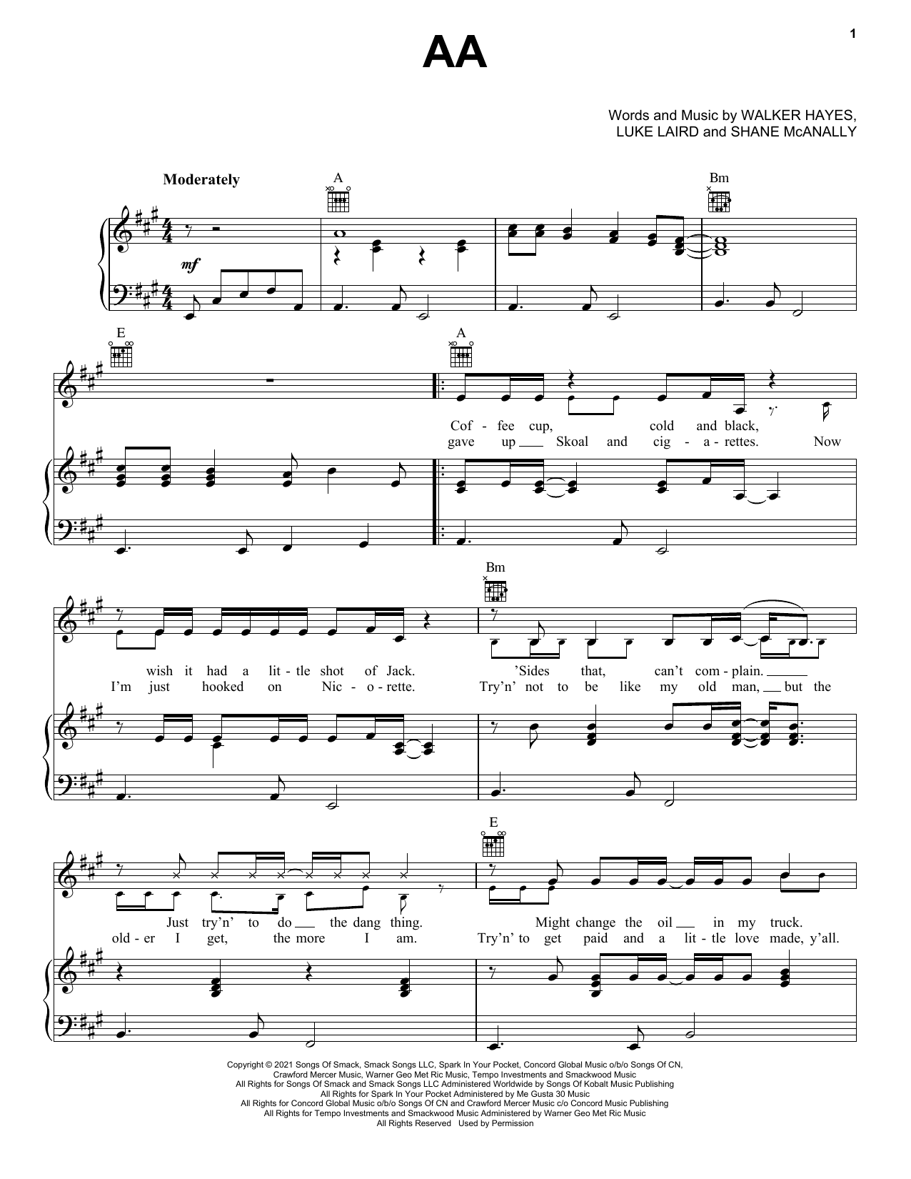Walker Hayes AA sheet music notes and chords arranged for Piano, Vocal & Guitar Chords (Right-Hand Melody)