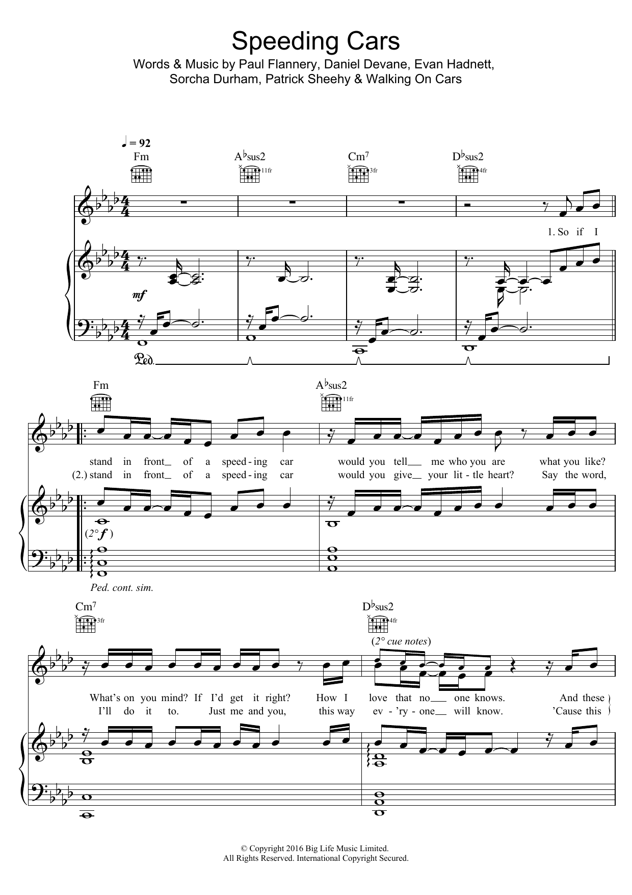 Walking On Cars Speeding Cars sheet music notes and chords arranged for Piano, Vocal & Guitar Chords