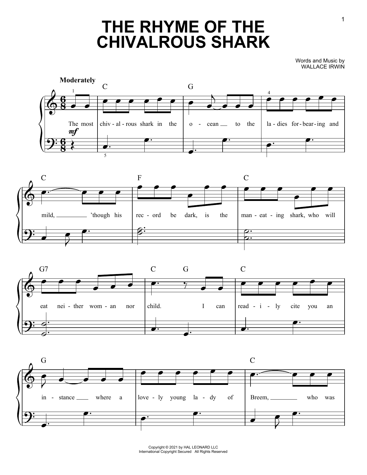 Wallace Irwin The Rhyme Of The Chivalrous Shark sheet music notes and chords arranged for 5-Finger Piano