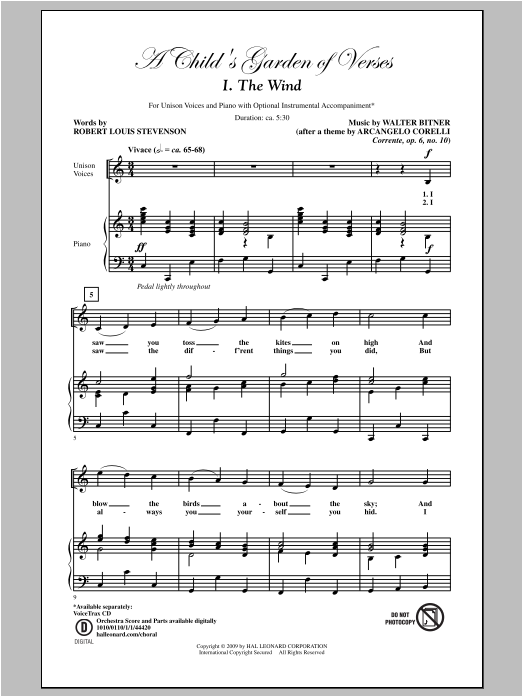 Walter Bitner A Child's Garden of Verses (Set I) sheet music notes and chords arranged for Unison Choir