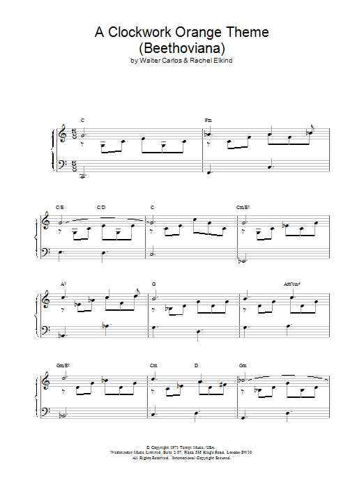 Walter Carlos A Clockwork Orange Theme (Beethoviana) sheet music notes and chords arranged for Piano Solo