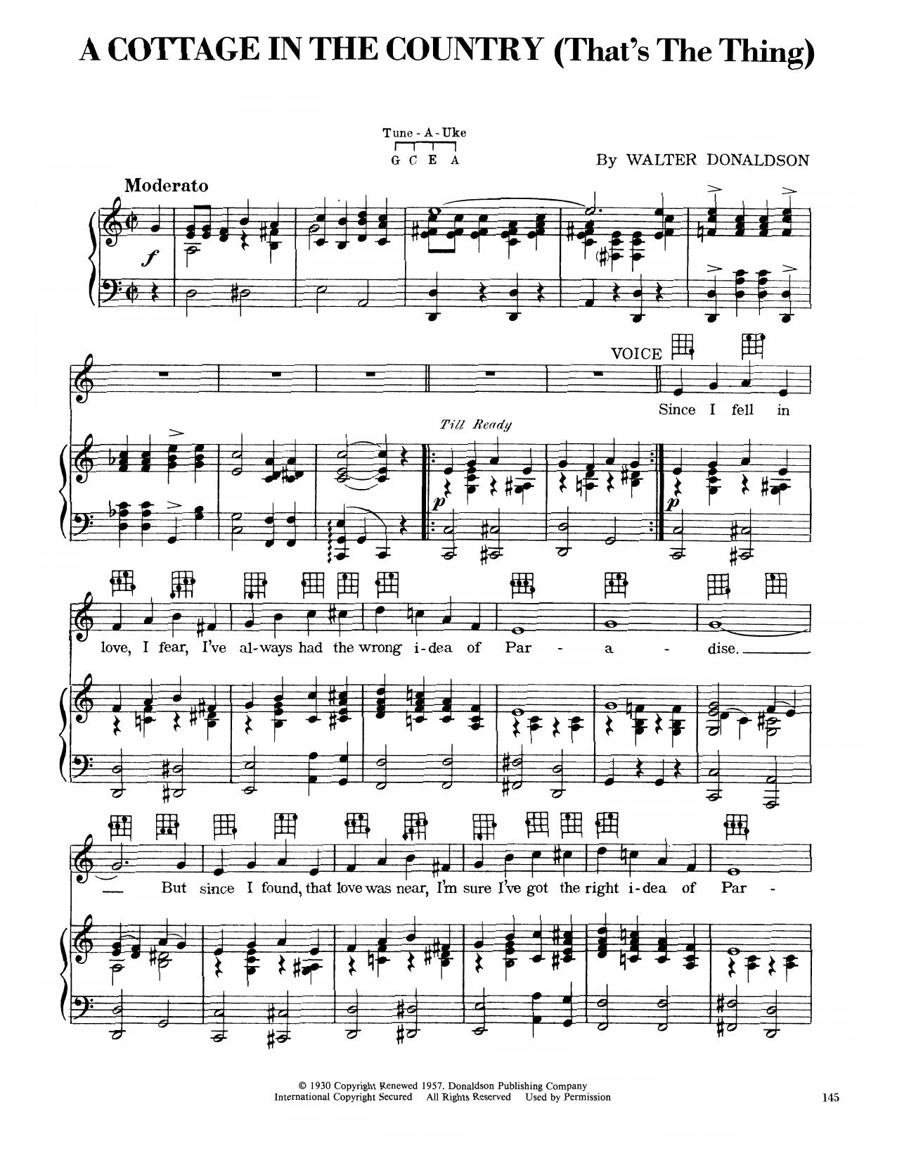 Walter Donaldson A Cottage In The Country (That's The Thing) sheet music notes and chords arranged for Piano, Vocal & Guitar Chords (Right-Hand Melody)