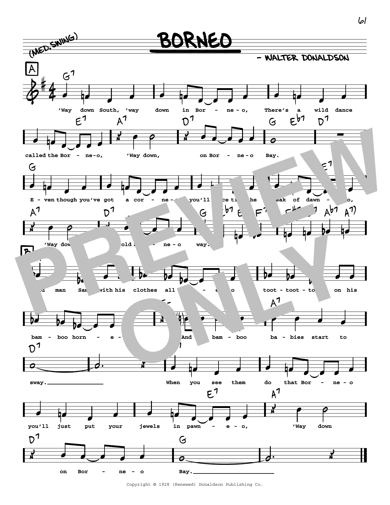 Walter Donaldson Borneo (arr. Robert Rawlins) sheet music notes and chords arranged for Real Book – Melody, Lyrics & Chords