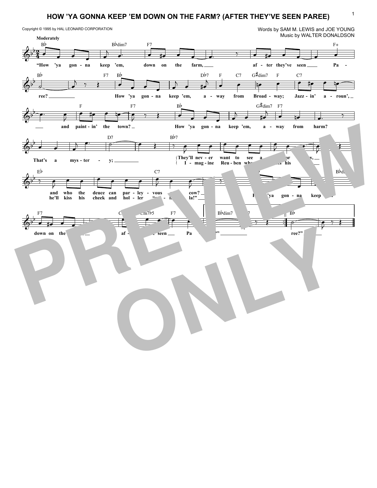 Walter Donaldson How 'Ya Gonna Keep 'em Down On The Farm? (After They've Seen Paree) sheet music notes and chords arranged for Lead Sheet / Fake Book