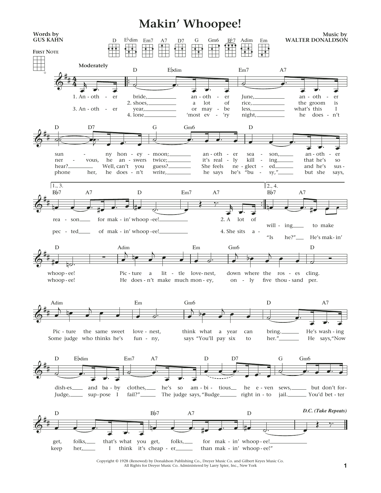 Walter Donaldson Makin' Whoopee! (from The Daily Ukulele) (arr. Liz and Jim Beloff) sheet music notes and chords arranged for Ukulele