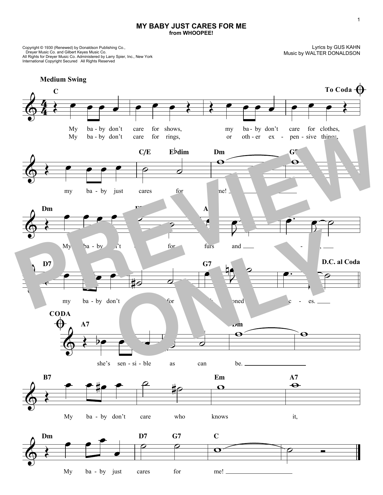 Walter Donaldson My Baby Just Cares For Me sheet music notes and chords arranged for Easy Lead Sheet / Fake Book