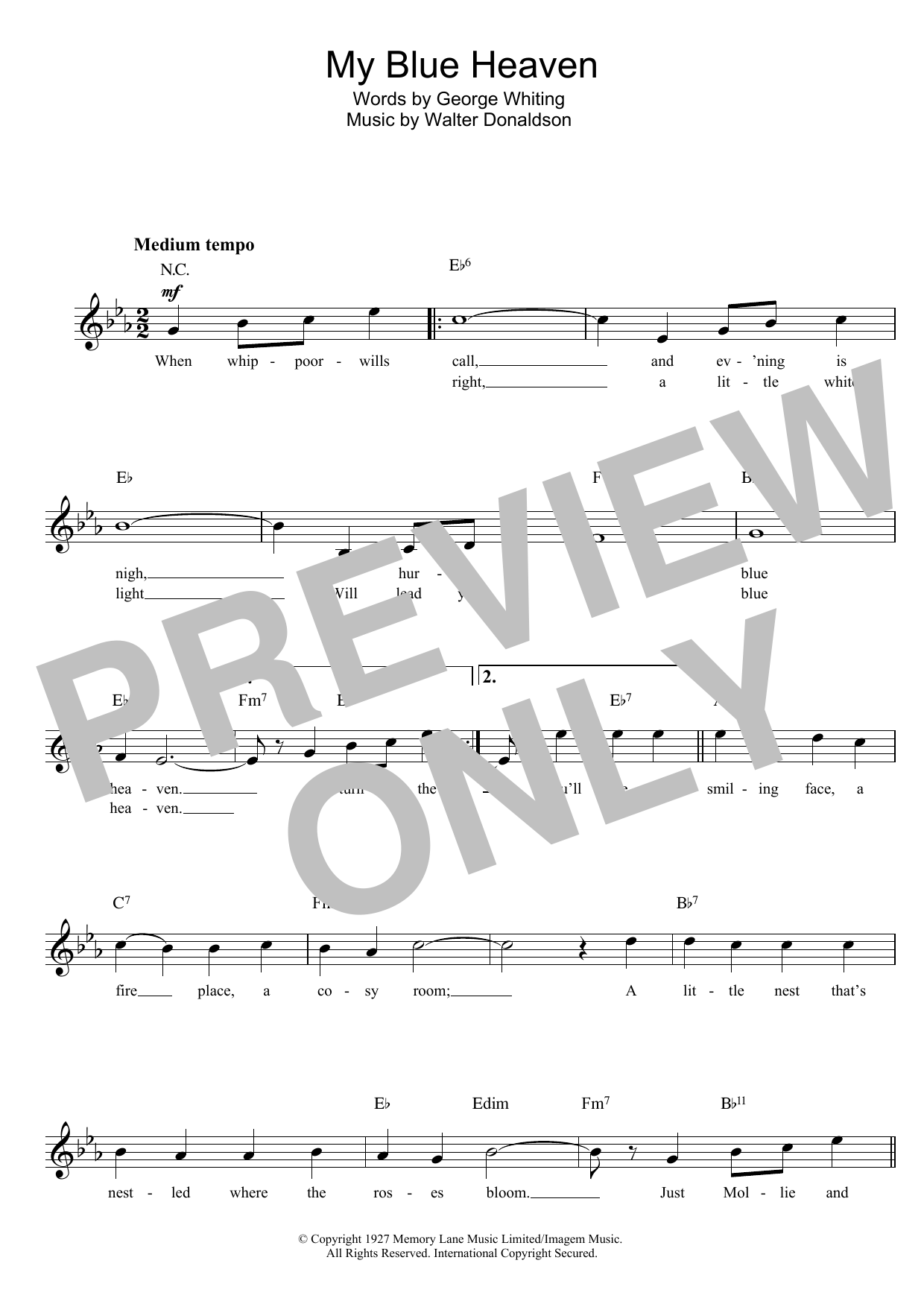 Walter Donaldson My Blue Heaven sheet music notes and chords arranged for Easy Piano