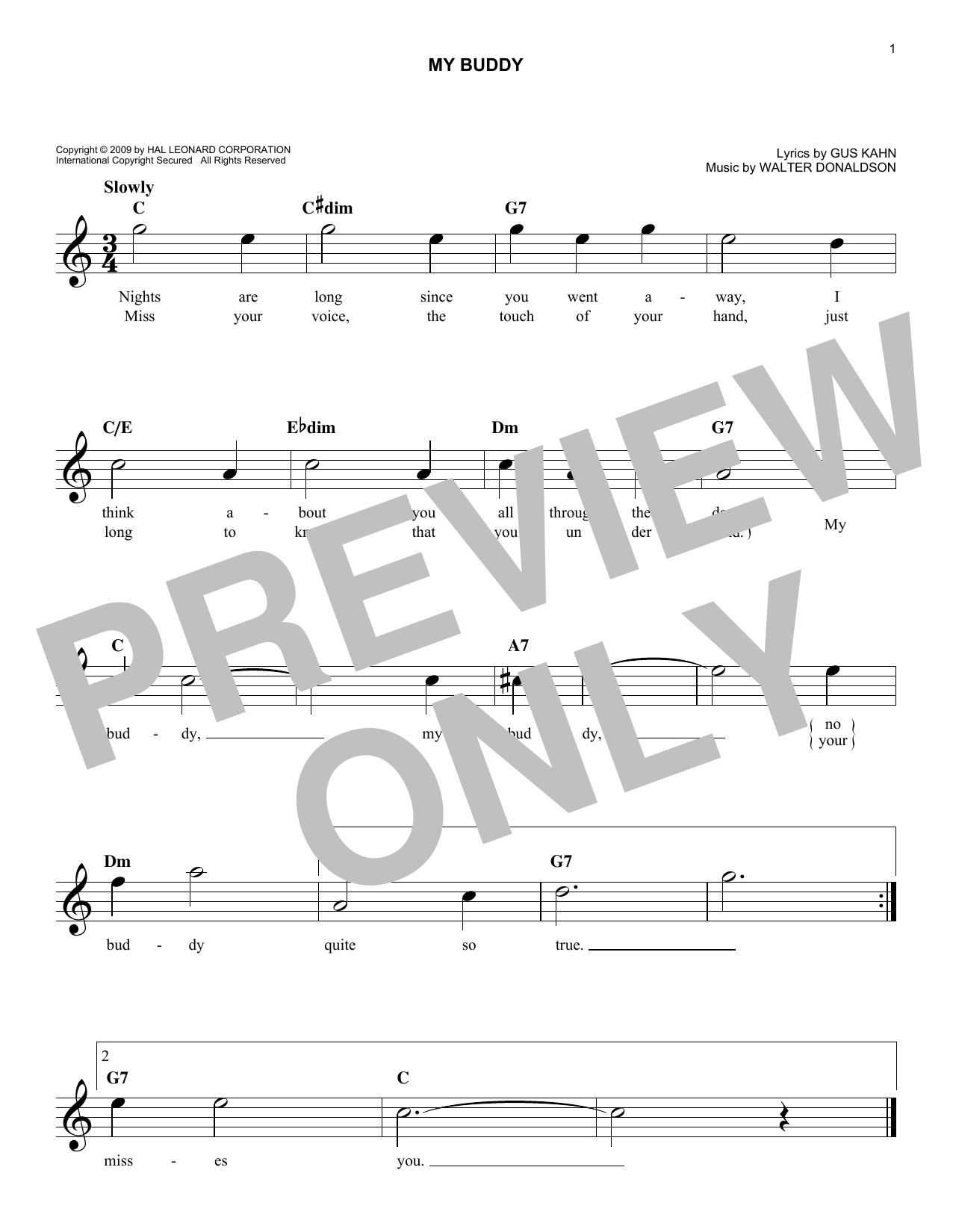 Walter Donaldson My Buddy sheet music notes and chords arranged for Lead Sheet / Fake Book