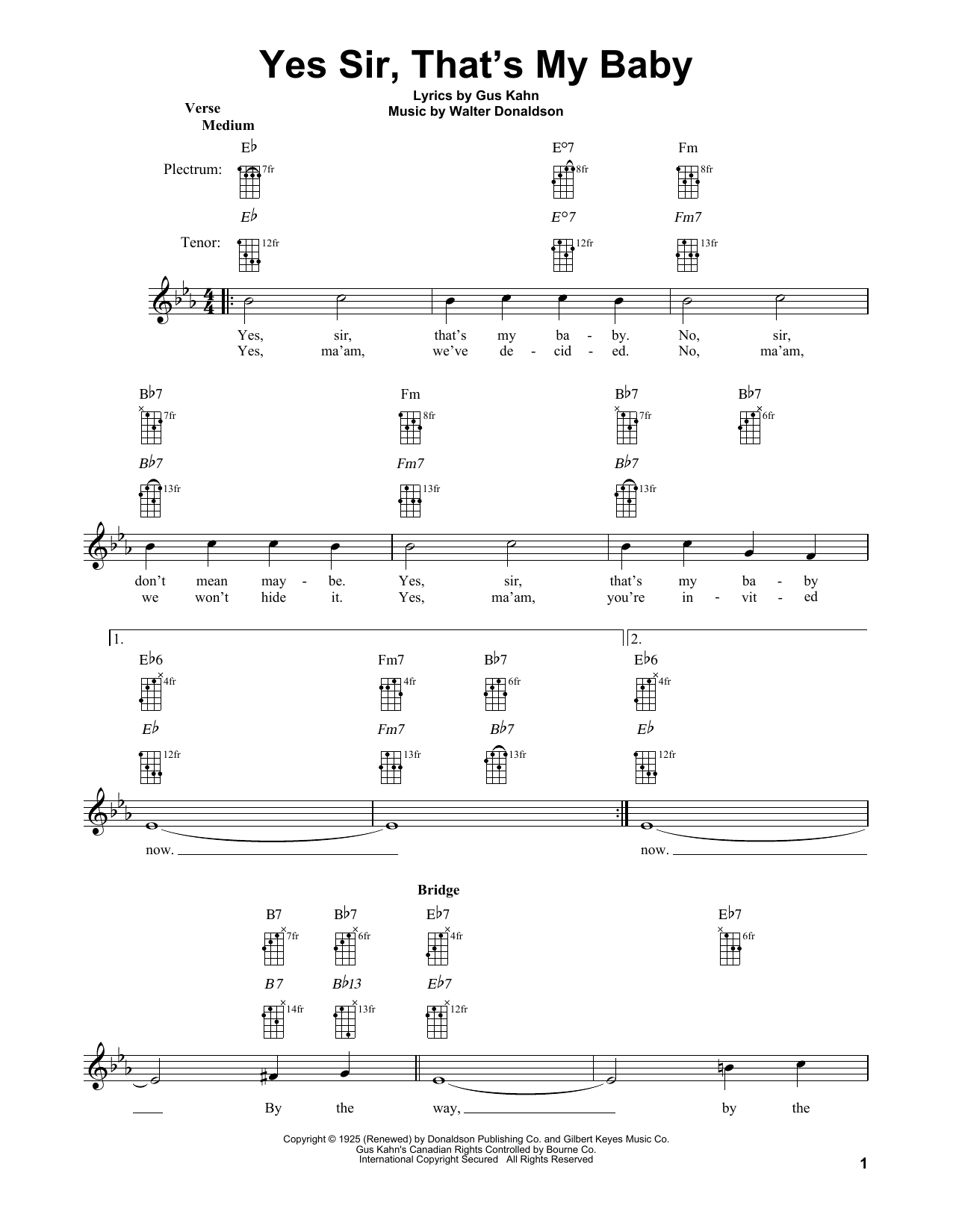 Walter Donaldson Yes Sir, That's My Baby sheet music notes and chords arranged for Banjo Tab
