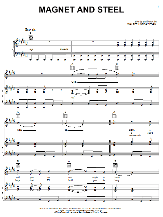 Walter Egan Magnet And Steel sheet music notes and chords arranged for Piano, Vocal & Guitar Chords (Right-Hand Melody)
