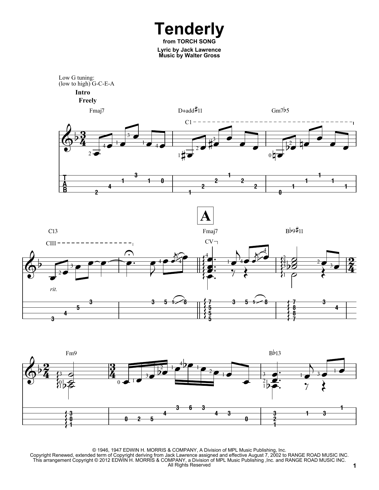 Walter Gross Tenderly sheet music notes and chords arranged for Easy Piano