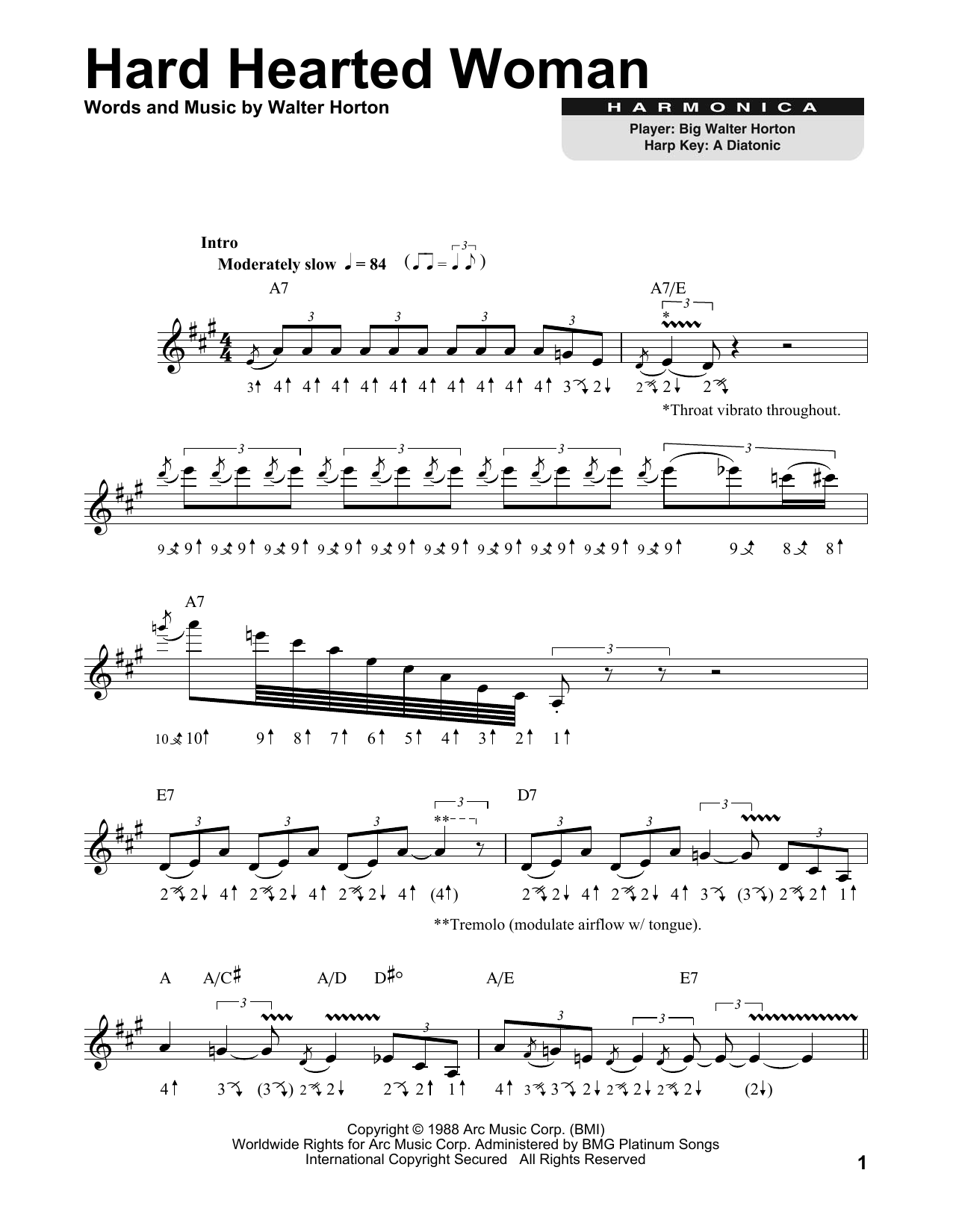 Walter Horton Hard Hearted Woman sheet music notes and chords arranged for Harmonica