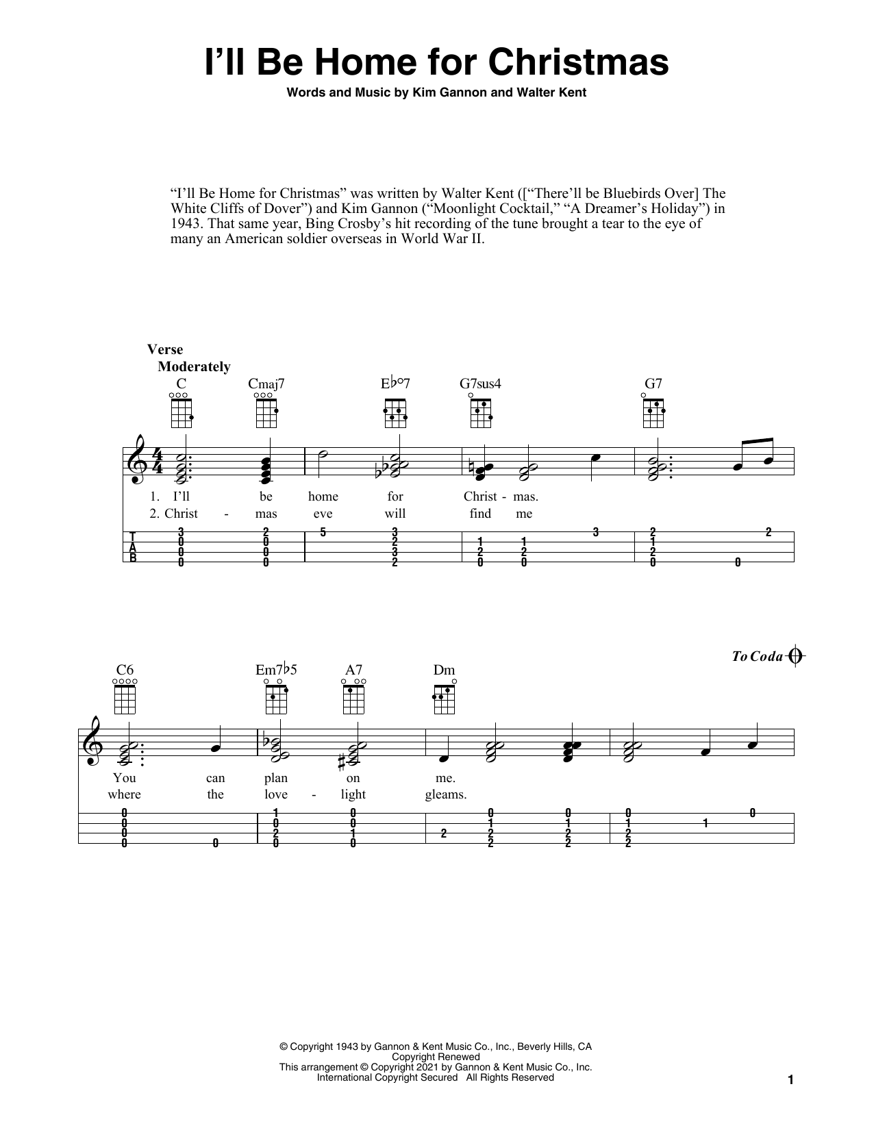 Walter Kent I'll Be Home For Christmas (arr. Fred Sokolow) sheet music notes and chords arranged for Ukulele