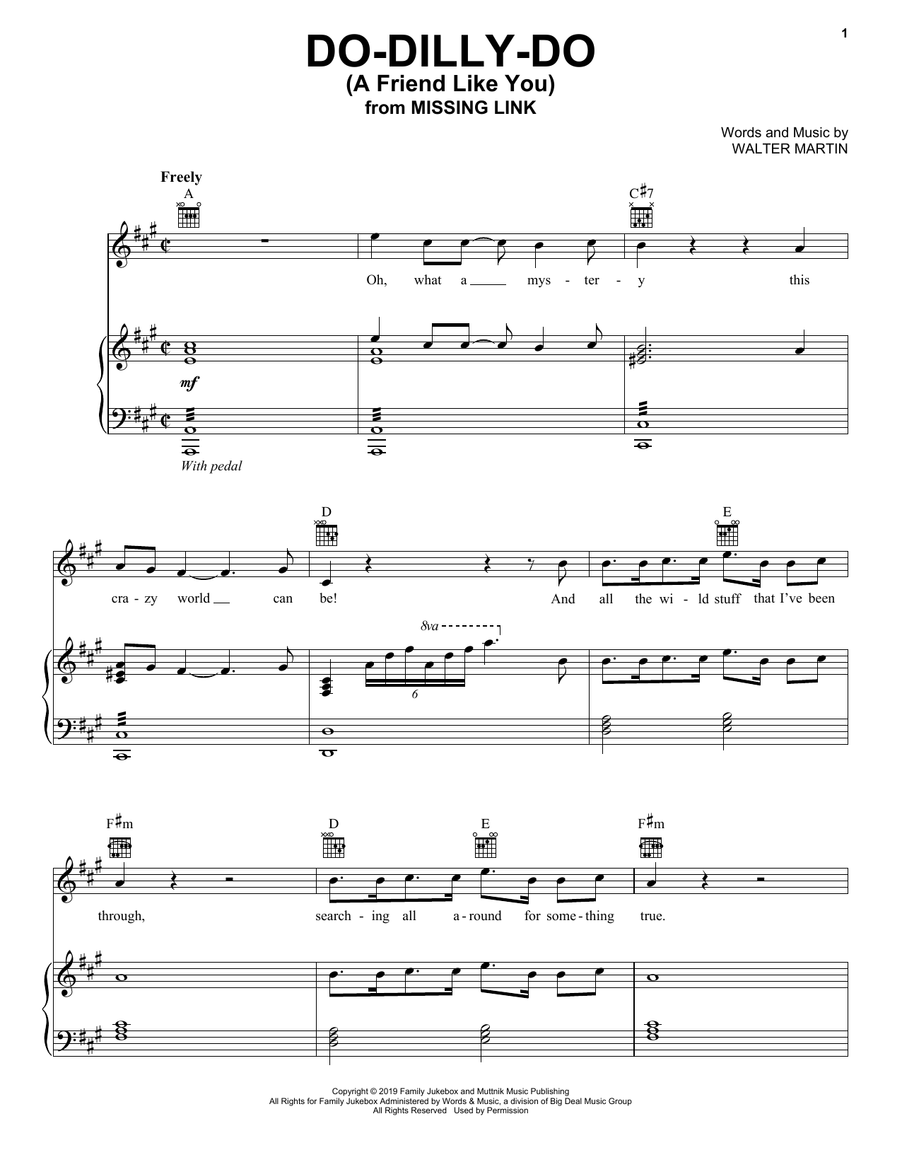 Walter Martin Do-Dilly-Do (A Friend Like You) (from Missing Link) sheet music notes and chords arranged for Piano, Vocal & Guitar Chords (Right-Hand Melody)