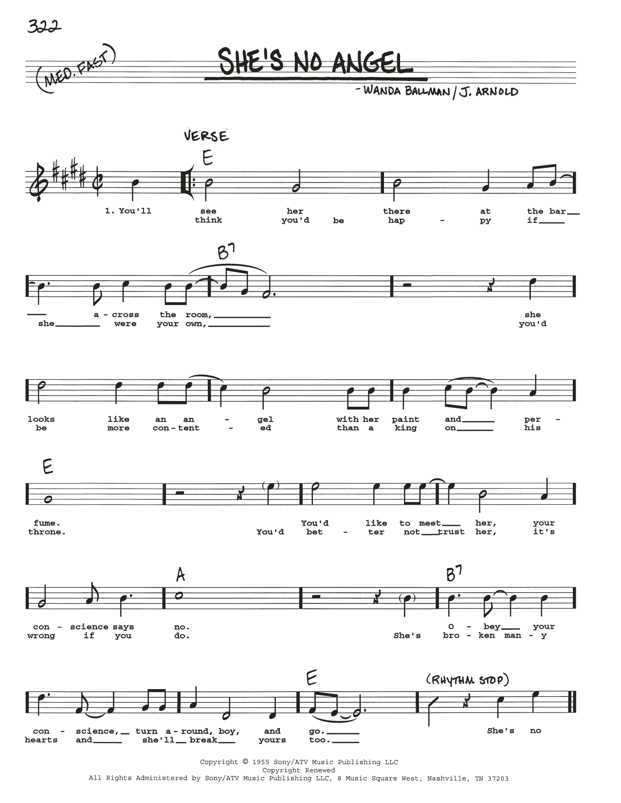 Wanda Ballman She's No Angel sheet music notes and chords arranged for Real Book – Melody, Lyrics & Chords