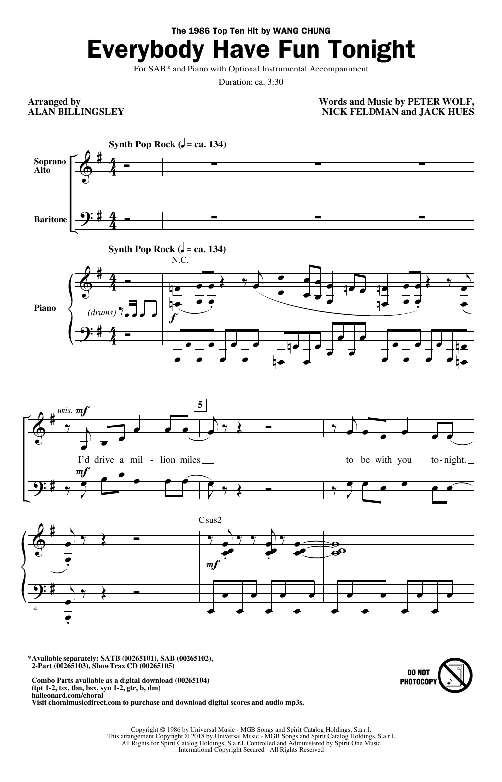 Wang Chung Everybody Have Fun Tonight (arr. Alan Billingsley) sheet music notes and chords arranged for 2-Part Choir