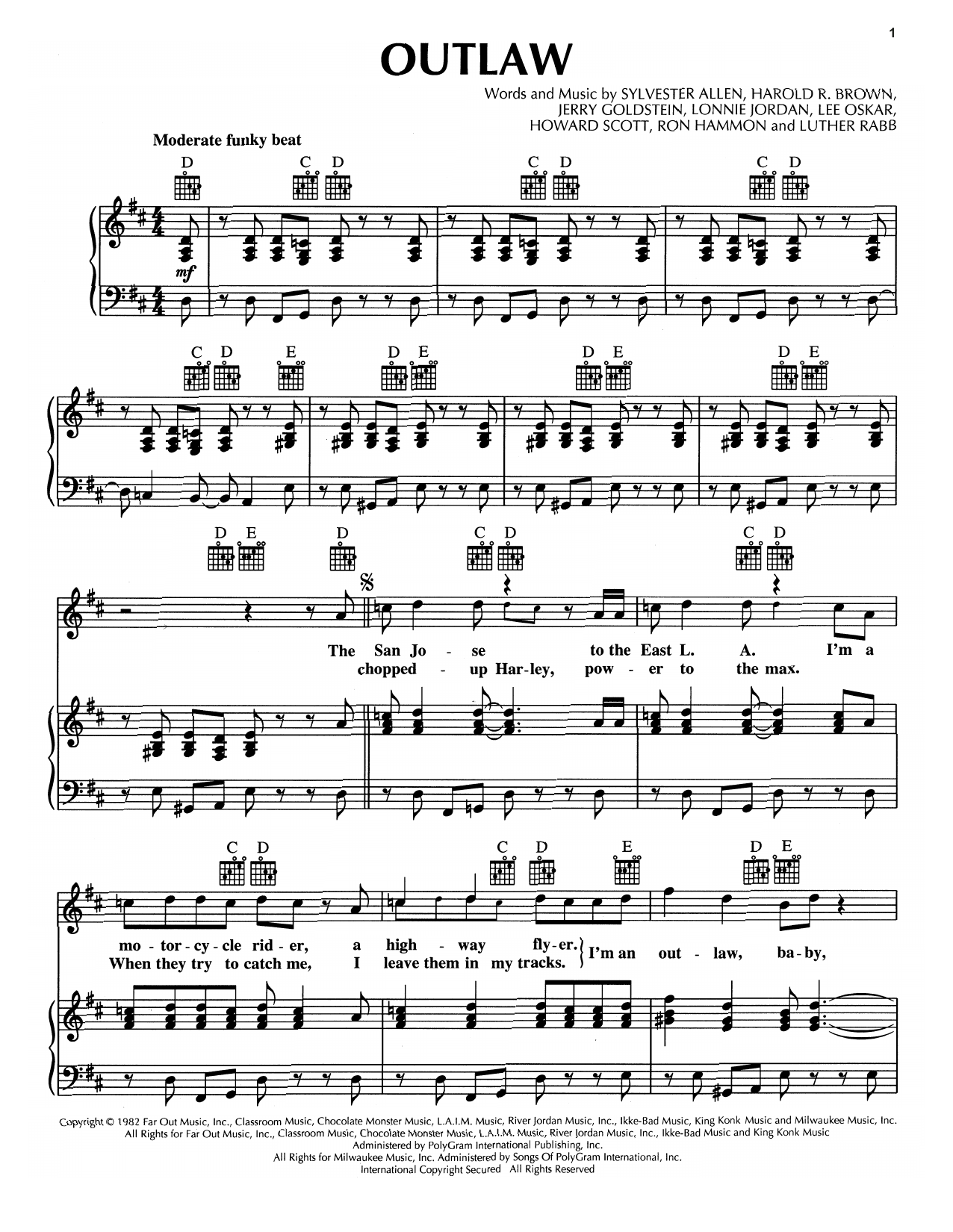 War Outlaw sheet music notes and chords arranged for Piano, Vocal & Guitar Chords (Right-Hand Melody)