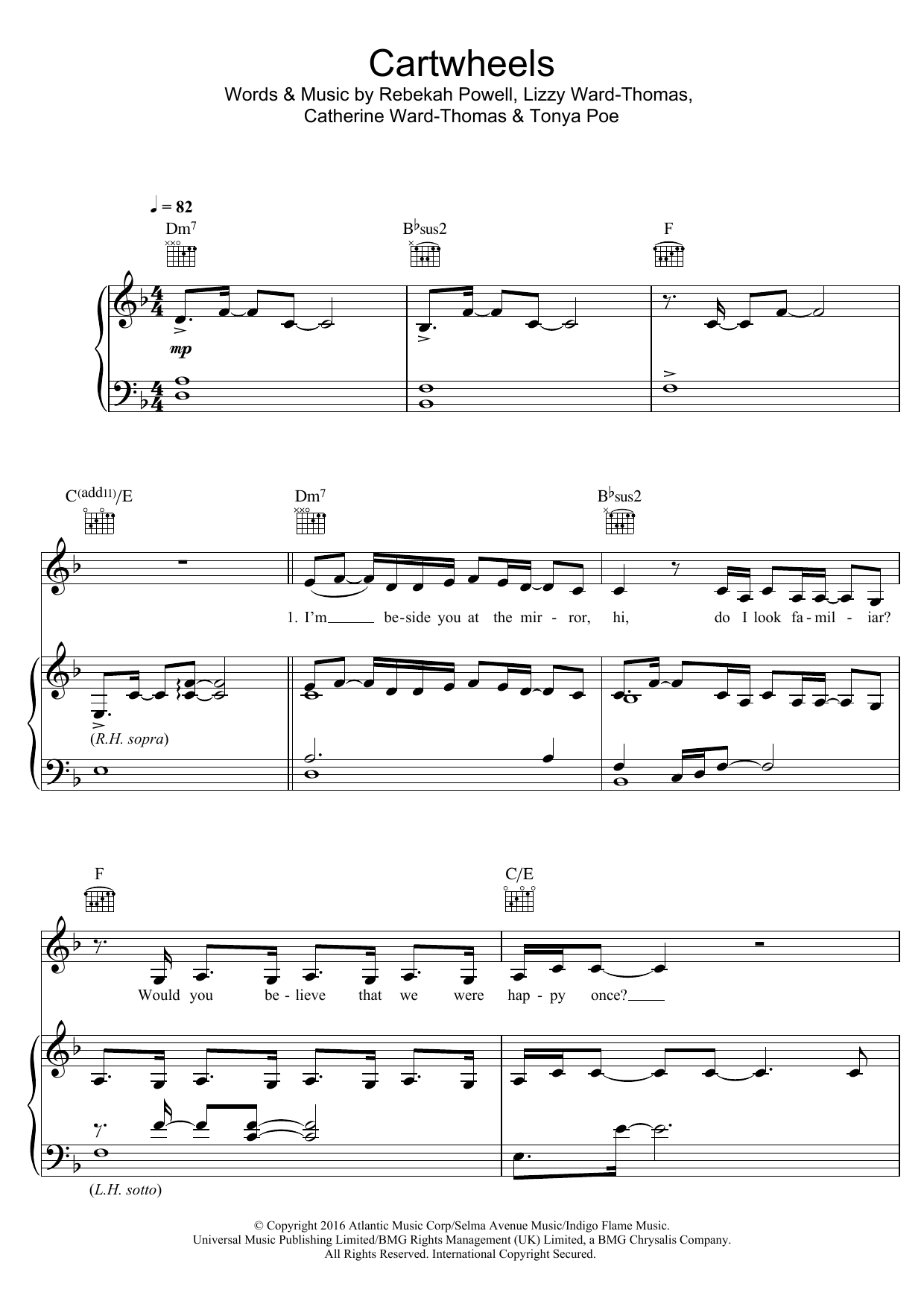 Ward Thomas Cartwheels sheet music notes and chords arranged for Piano, Vocal & Guitar Chords