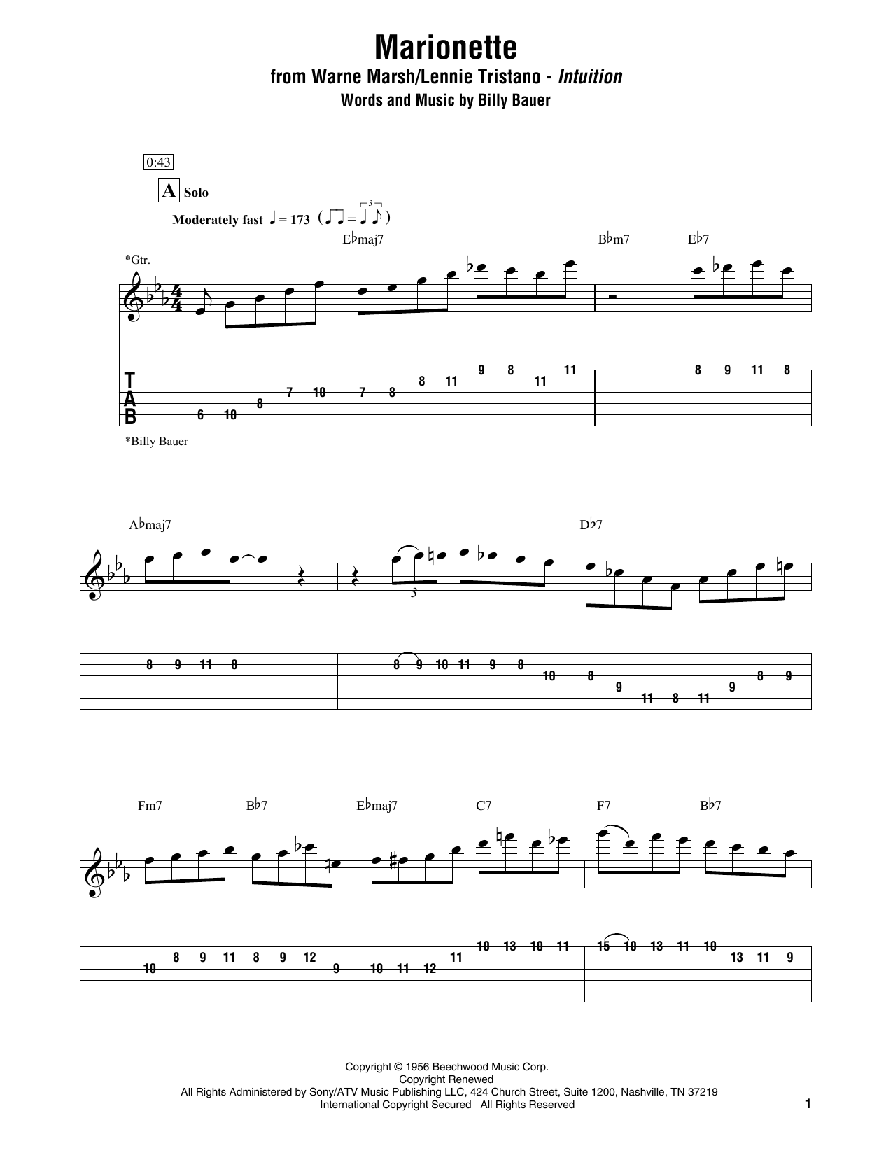 Warne Marsh & Lennie Tristano Marionette sheet music notes and chords arranged for Electric Guitar Transcription