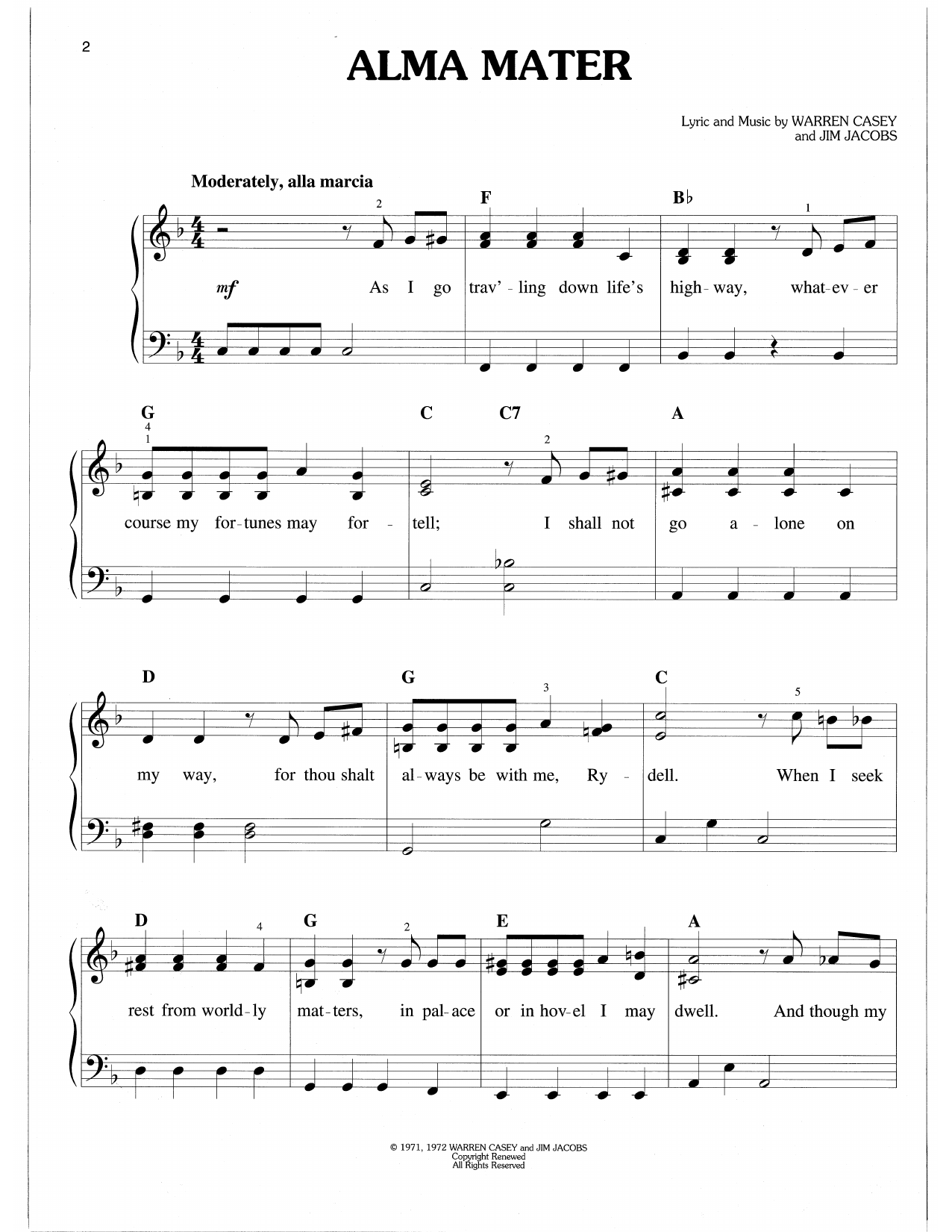 Warren Casey & Jim Jacobs Alma Mater (from Grease) sheet music notes and chords arranged for Easy Piano