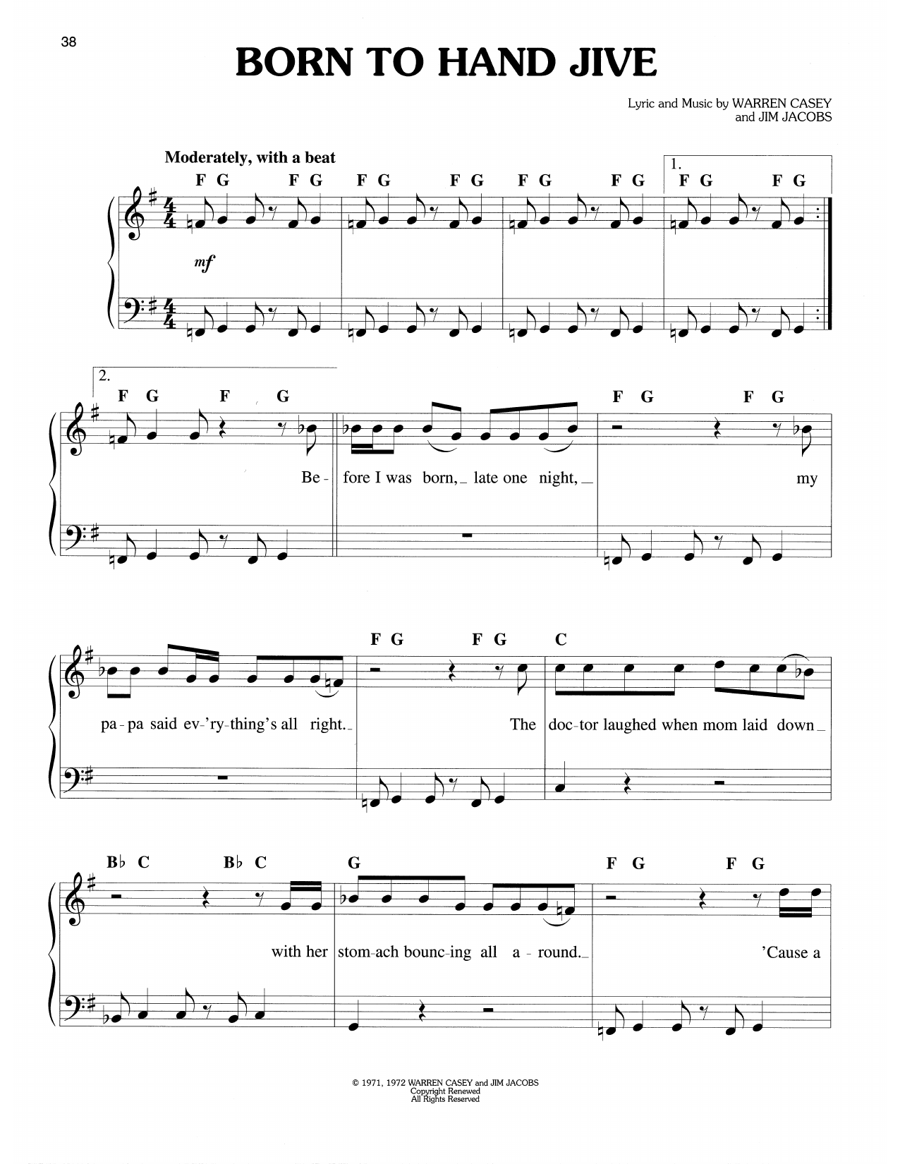 Warren Casey & Jim Jacobs Born To Hand Jive (from Grease) sheet music notes and chords arranged for Easy Piano
