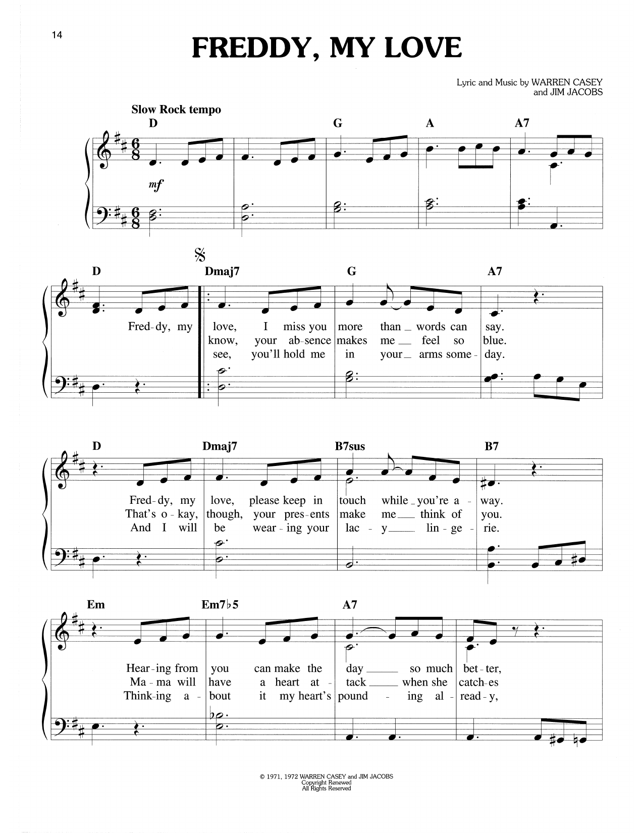 Warren Casey & Jim Jacobs Freddy, My Love (from Grease) sheet music notes and chords arranged for Easy Piano