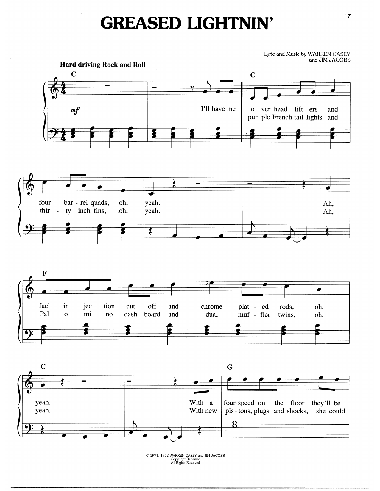 Warren Casey & Jim Jacobs Greased Lightnin' (from Grease) sheet music notes and chords arranged for Easy Piano