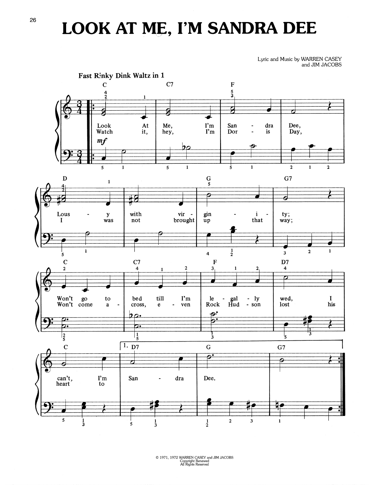 Warren Casey & Jim Jacobs Look At Me, I'm Sandra Dee (from Grease) sheet music notes and chords arranged for Easy Piano