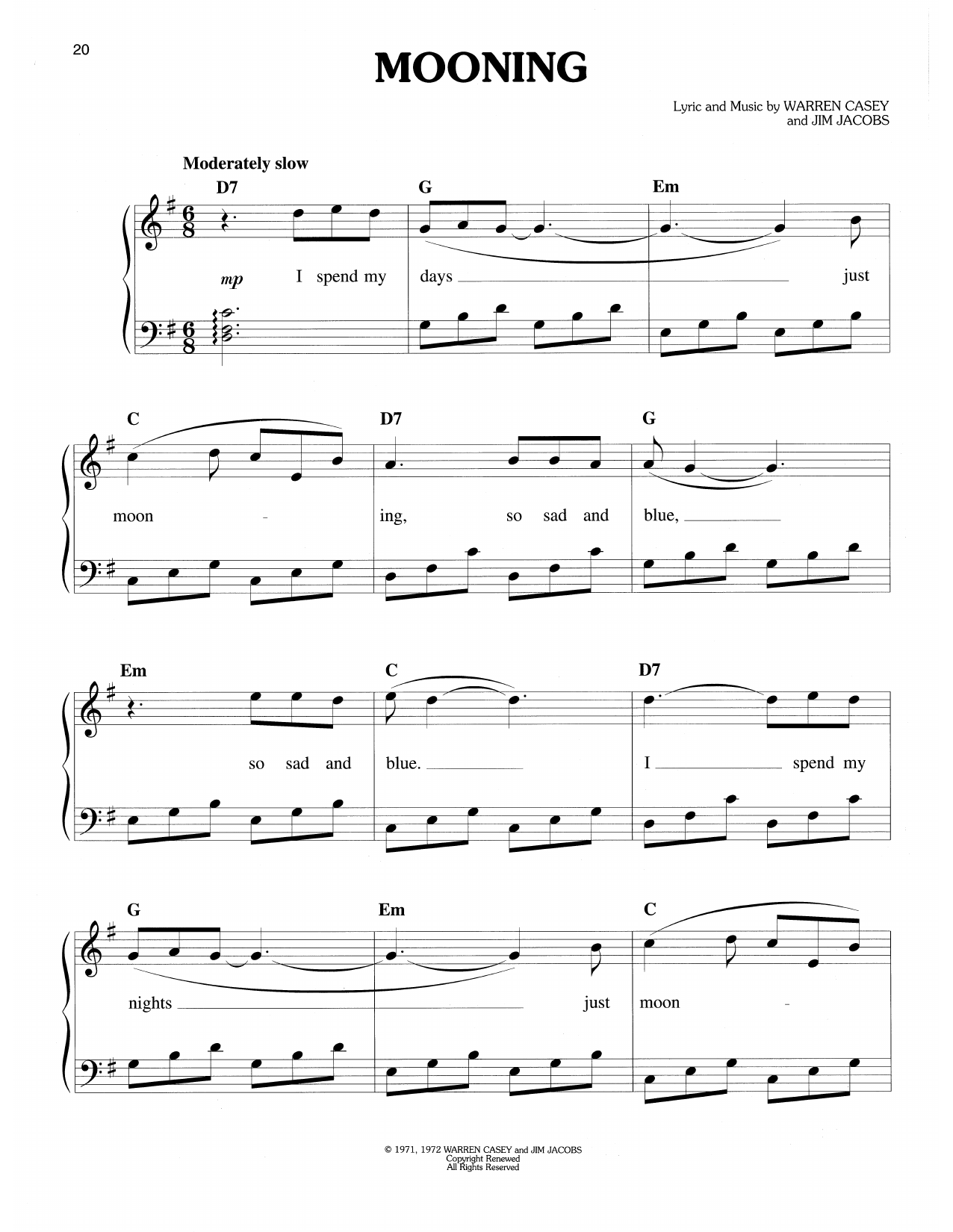Warren Casey & Jim Jacobs Mooning (from Grease) sheet music notes and chords arranged for Easy Piano
