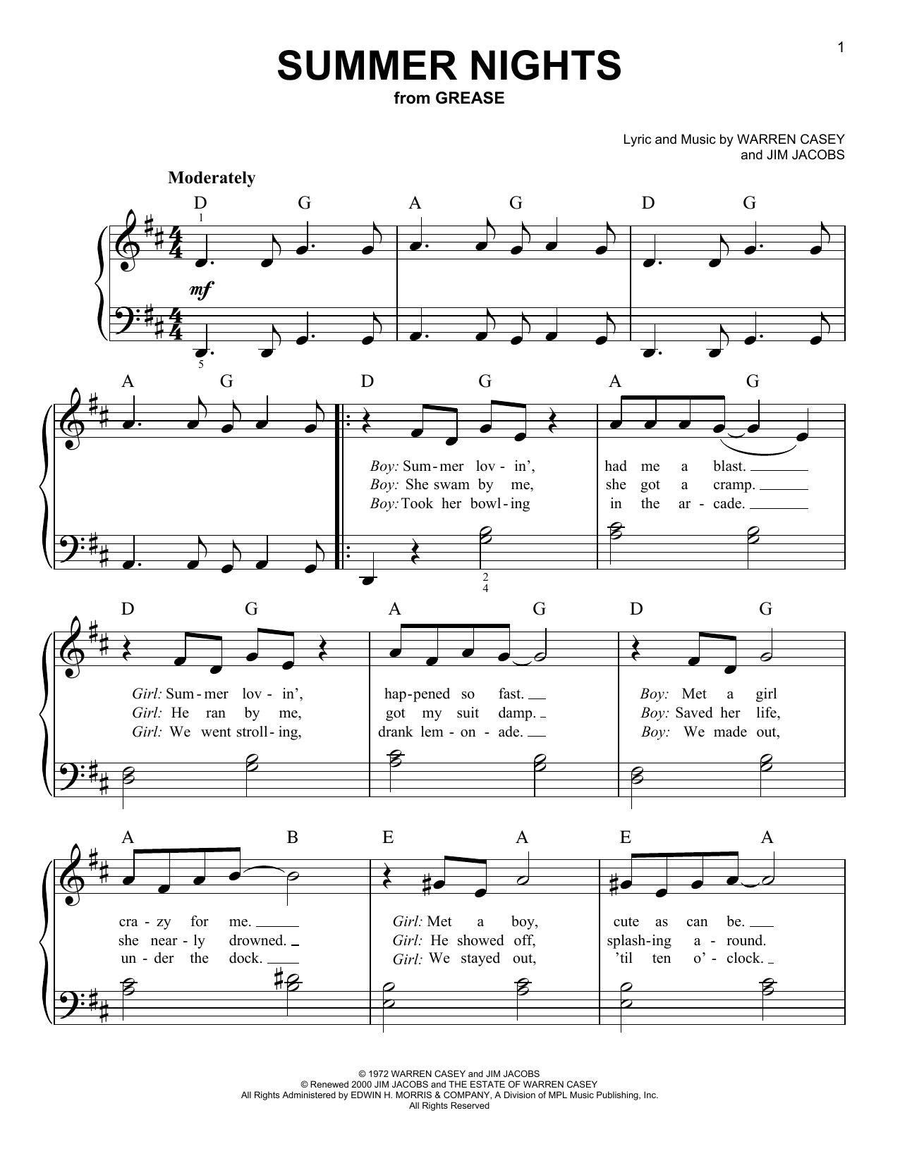 Warren Casey & Jim Jacobs Summer Nights (from Grease) sheet music notes and chords arranged for Easy Piano