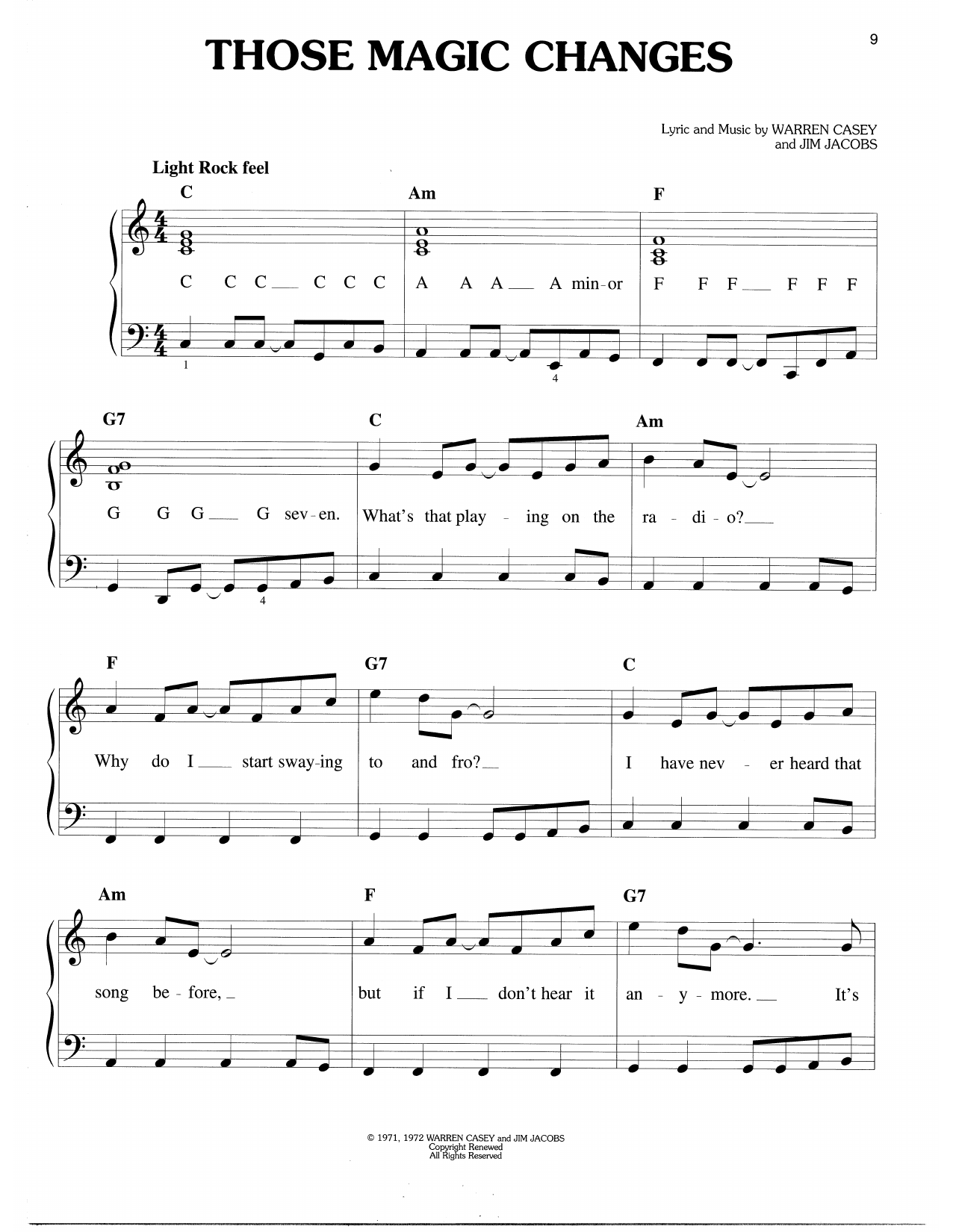 Warren Casey & Jim Jacobs Those Magic Changes (from Grease) sheet music notes and chords arranged for Easy Piano