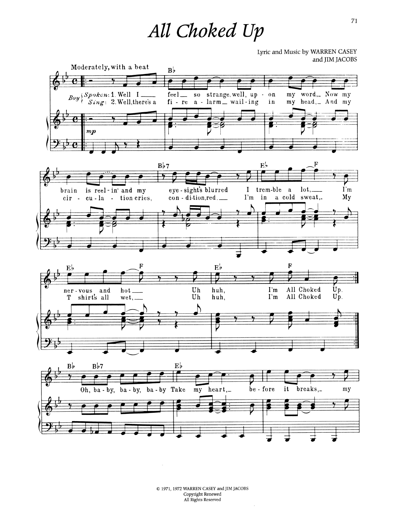 Warren Casey All Choked Up (from Grease) sheet music notes and chords arranged for Piano & Vocal