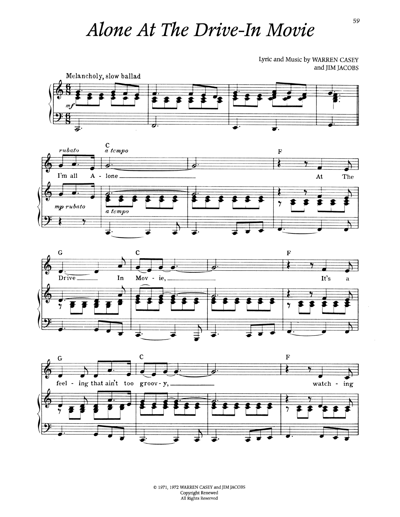 Warren Casey Alone At The Drive-In Movie (from Grease) sheet music notes and chords arranged for Piano & Vocal