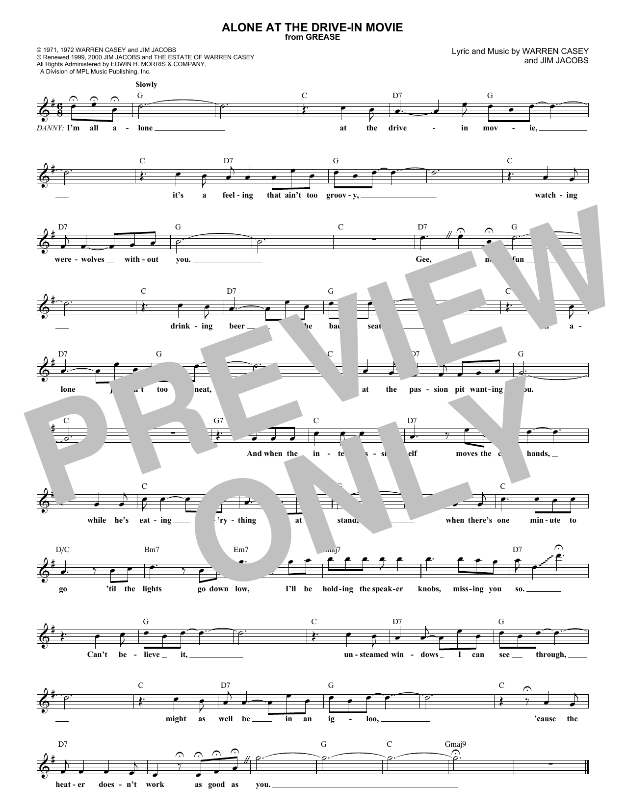 Warren Casey Alone At The Drive-In Movie sheet music notes and chords arranged for Pro Vocal