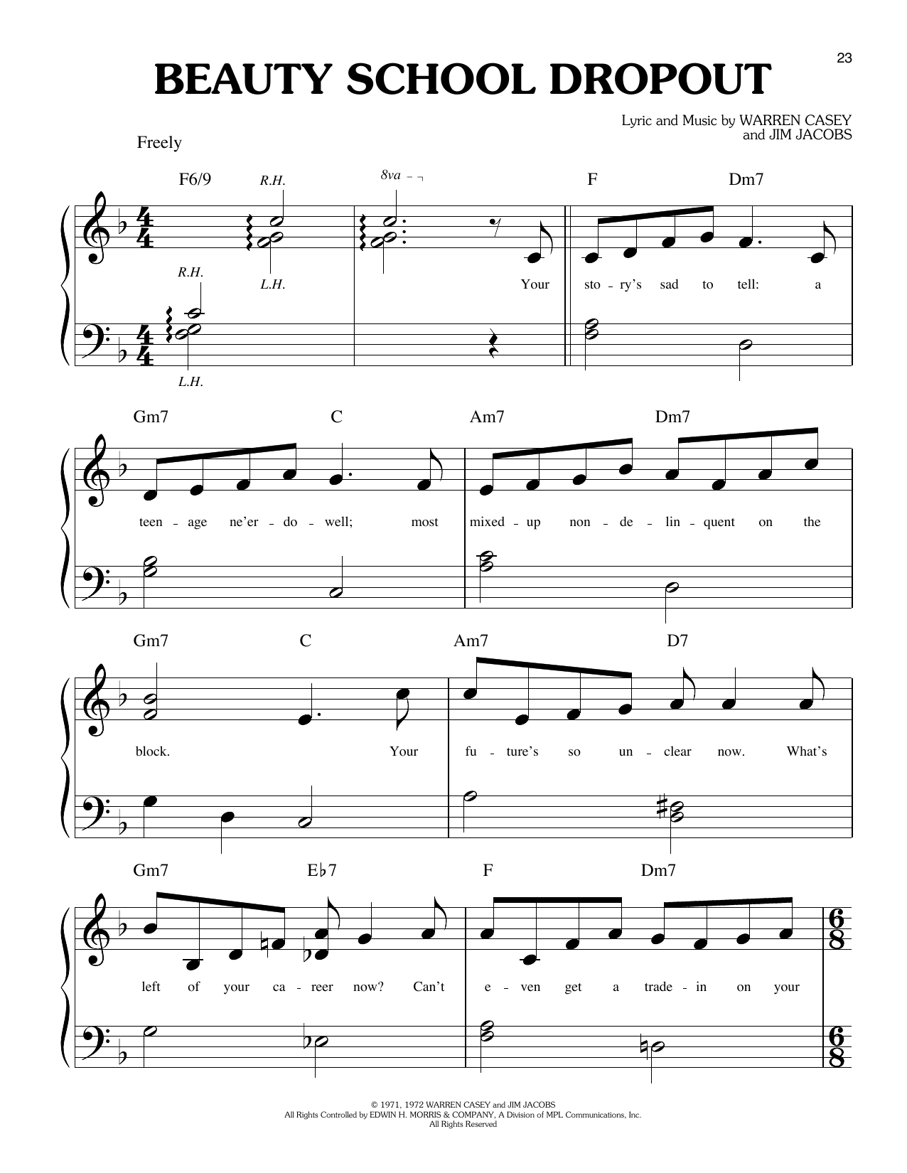Warren Casey and Jim Jacobs Beauty School Dropout (from Grease) sheet music notes and chords arranged for Big Note Piano