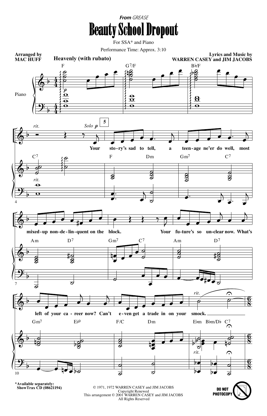 Warren Casey Beauty School Dropout (from Grease) (arr. Mac Huff) sheet music notes and chords arranged for SSA Choir